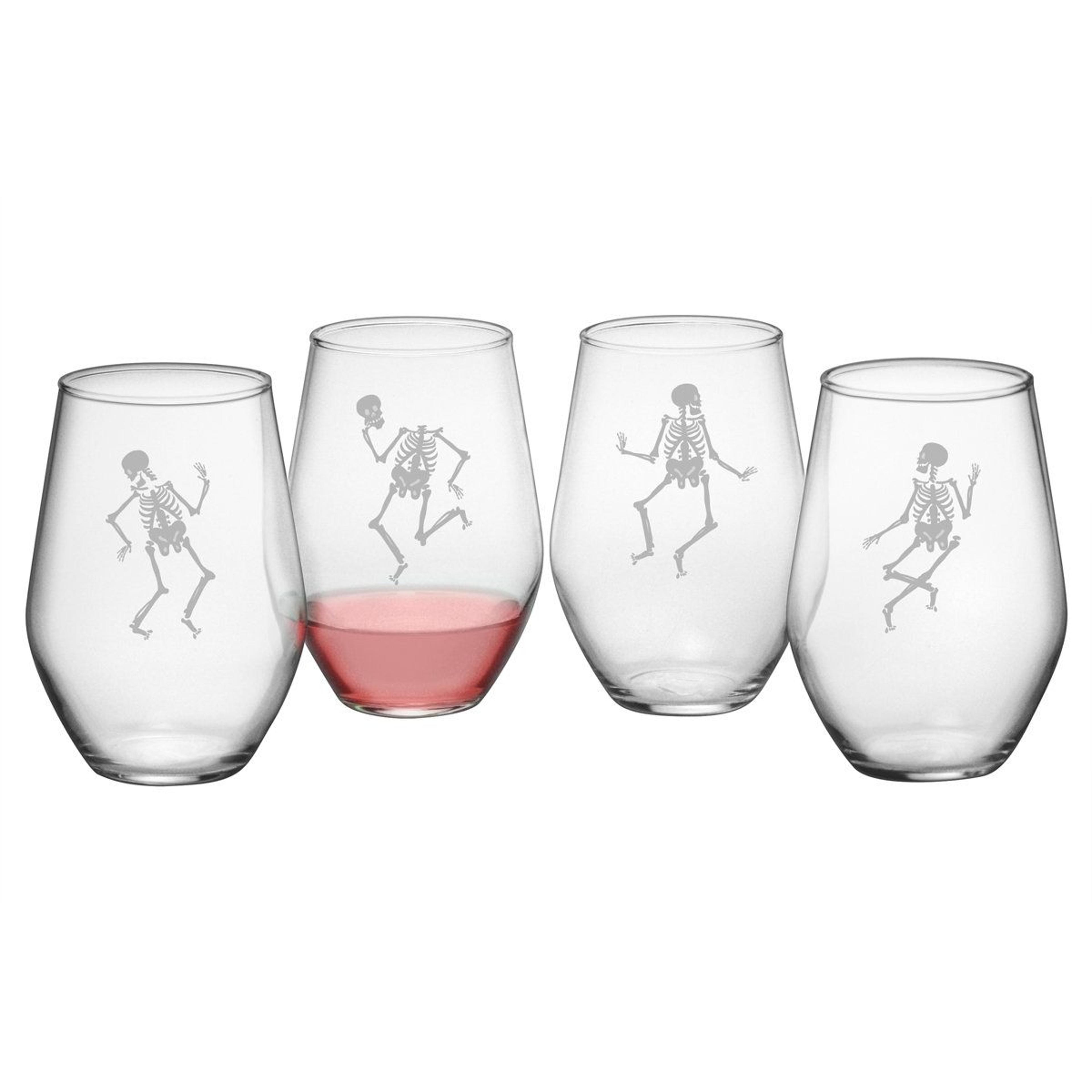 dancing skeleton stemless wine glass set of 4 – 19 oz sand-etched glasses