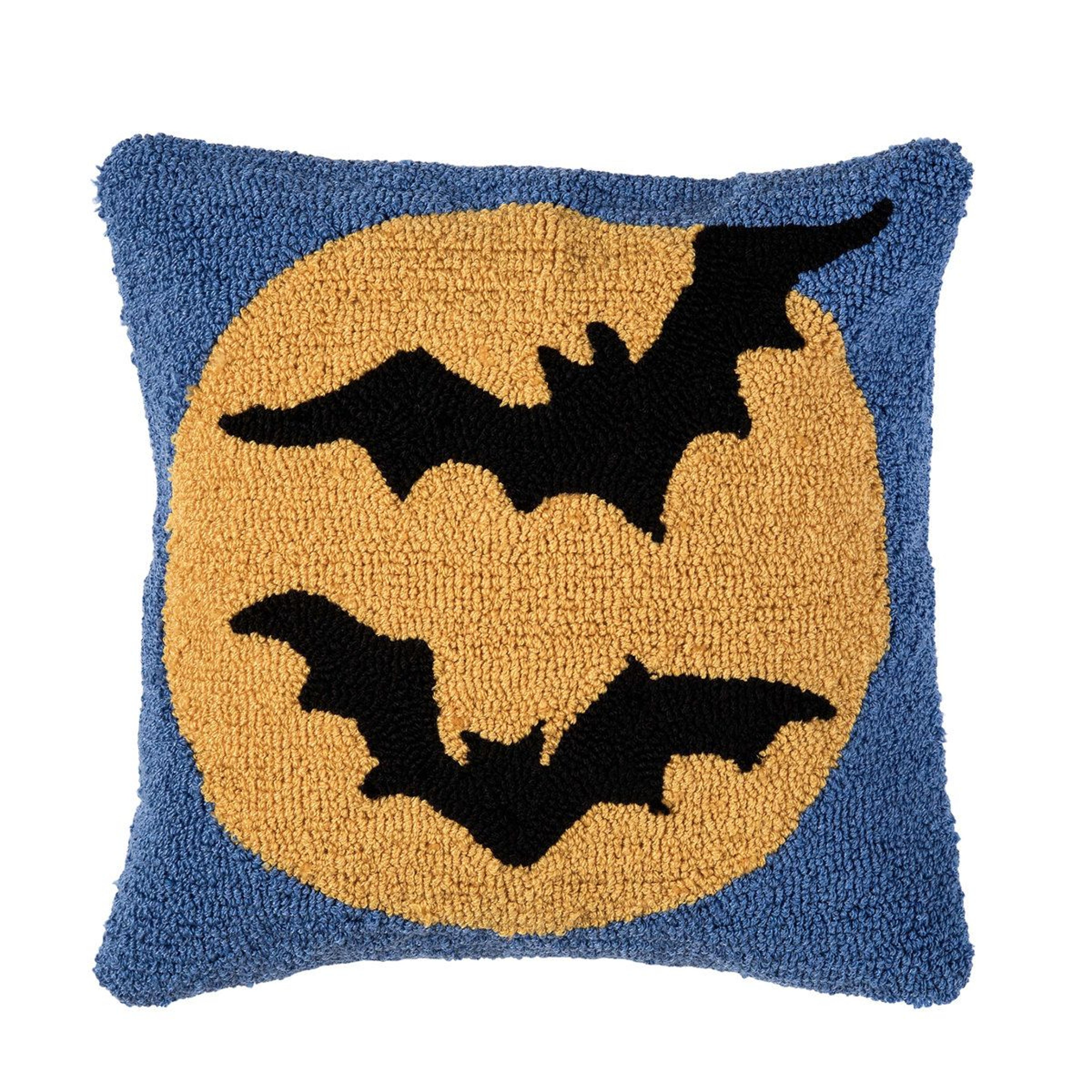 halloween bat and full moon hooked throw pillow 16 x 16 inch square decorative cushion