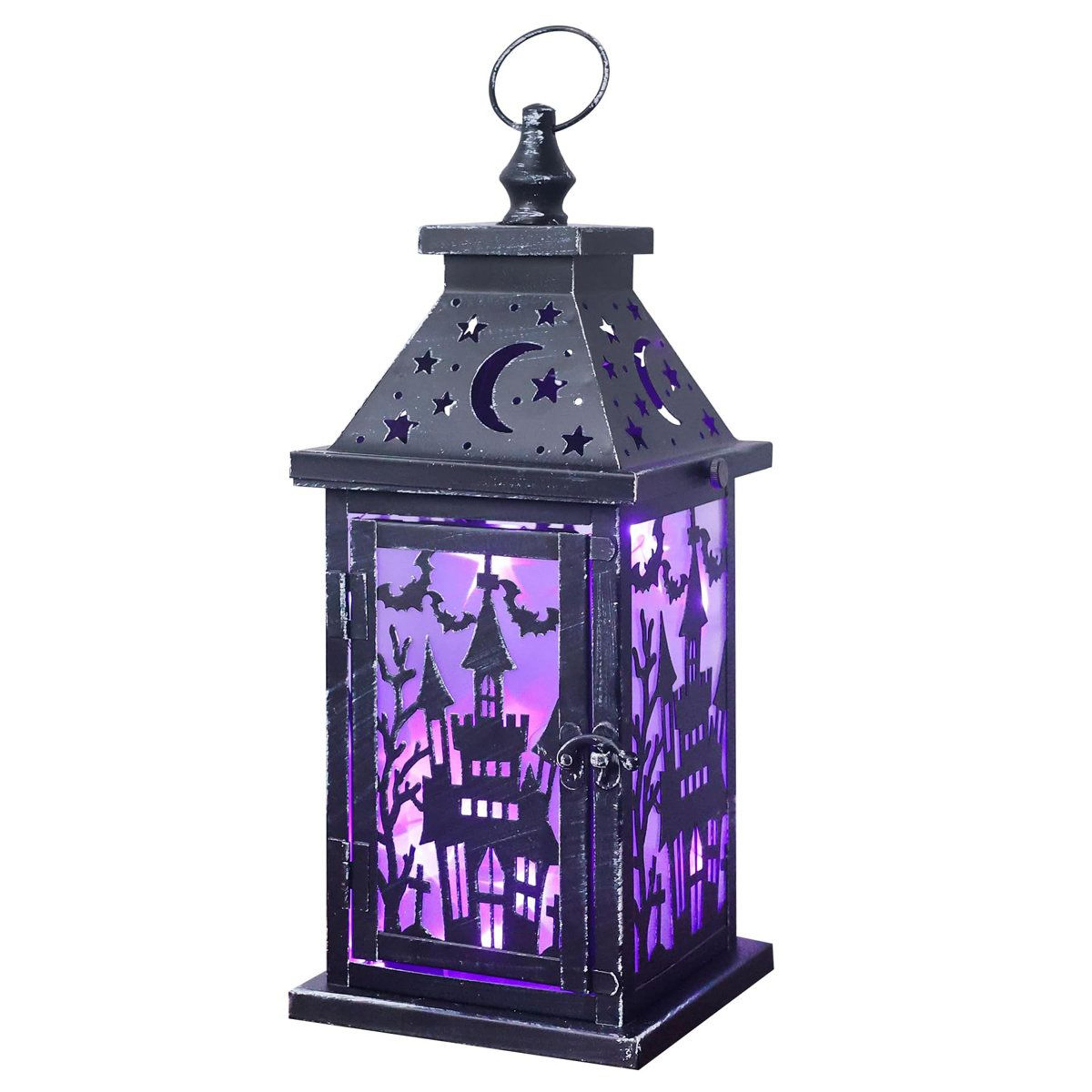 vintage halloween lantern with purple led lights and antique copper finish