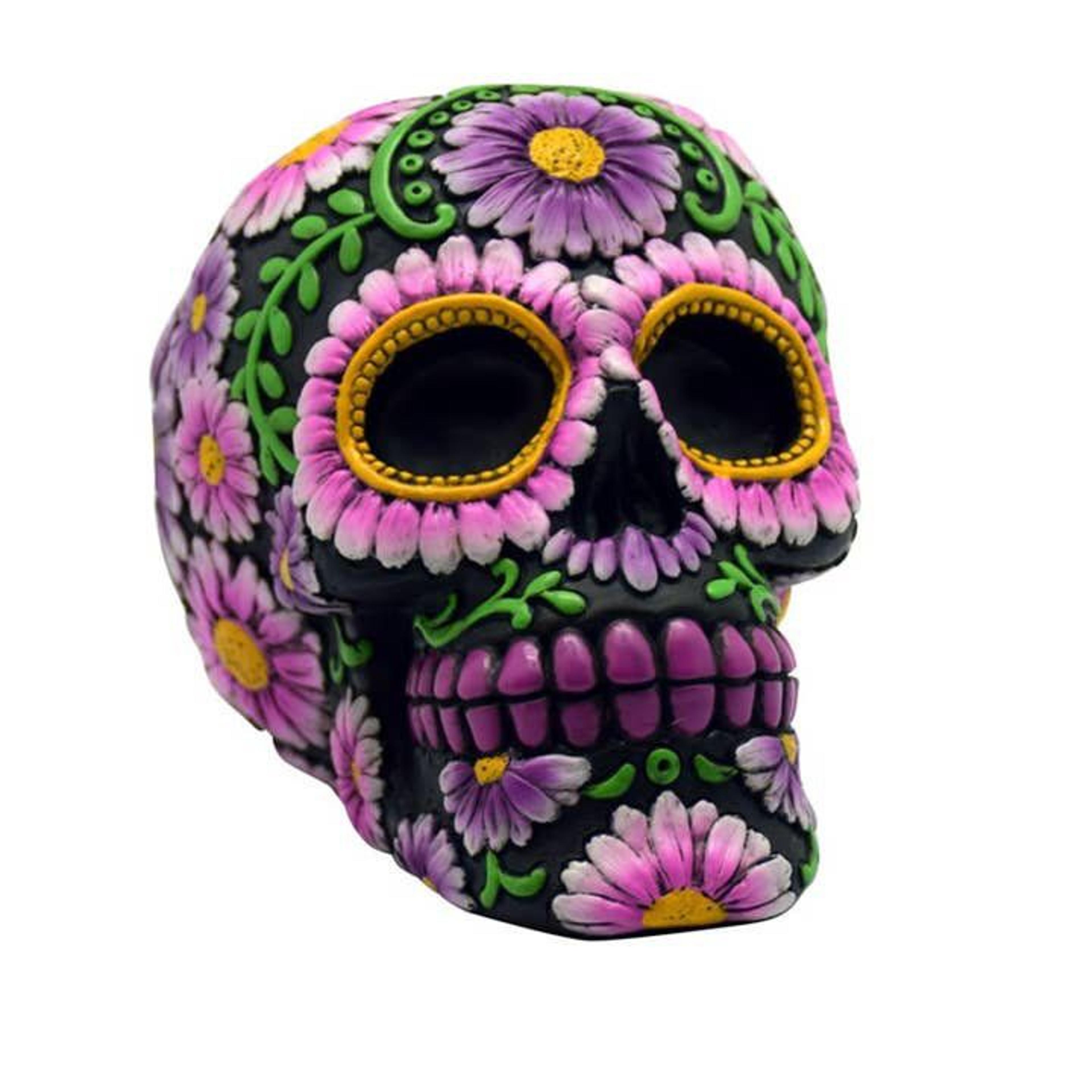 hand-painted sugar skull coin bank in cold cast resin