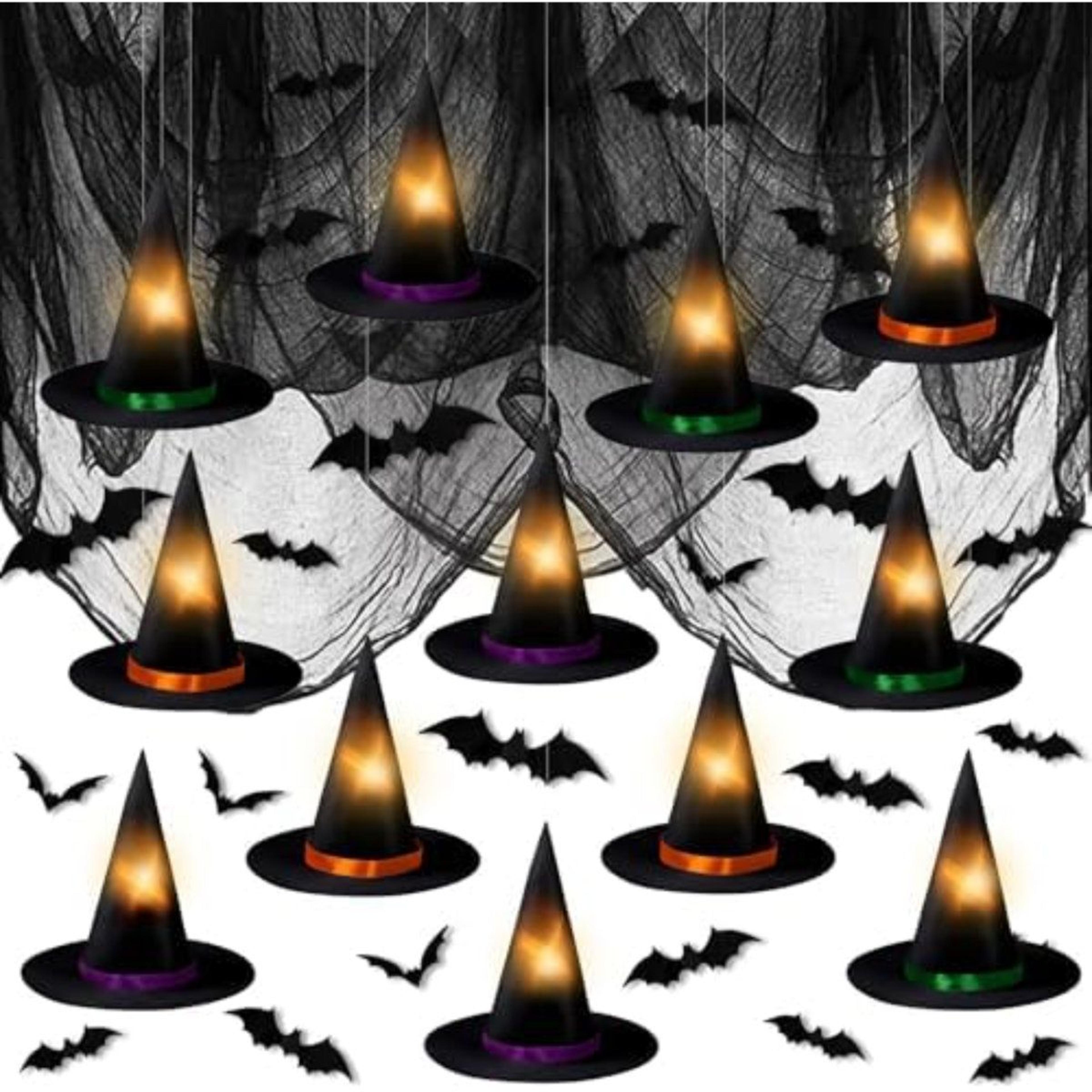 12-piece halloween floating witch hats with lights and bat decorations