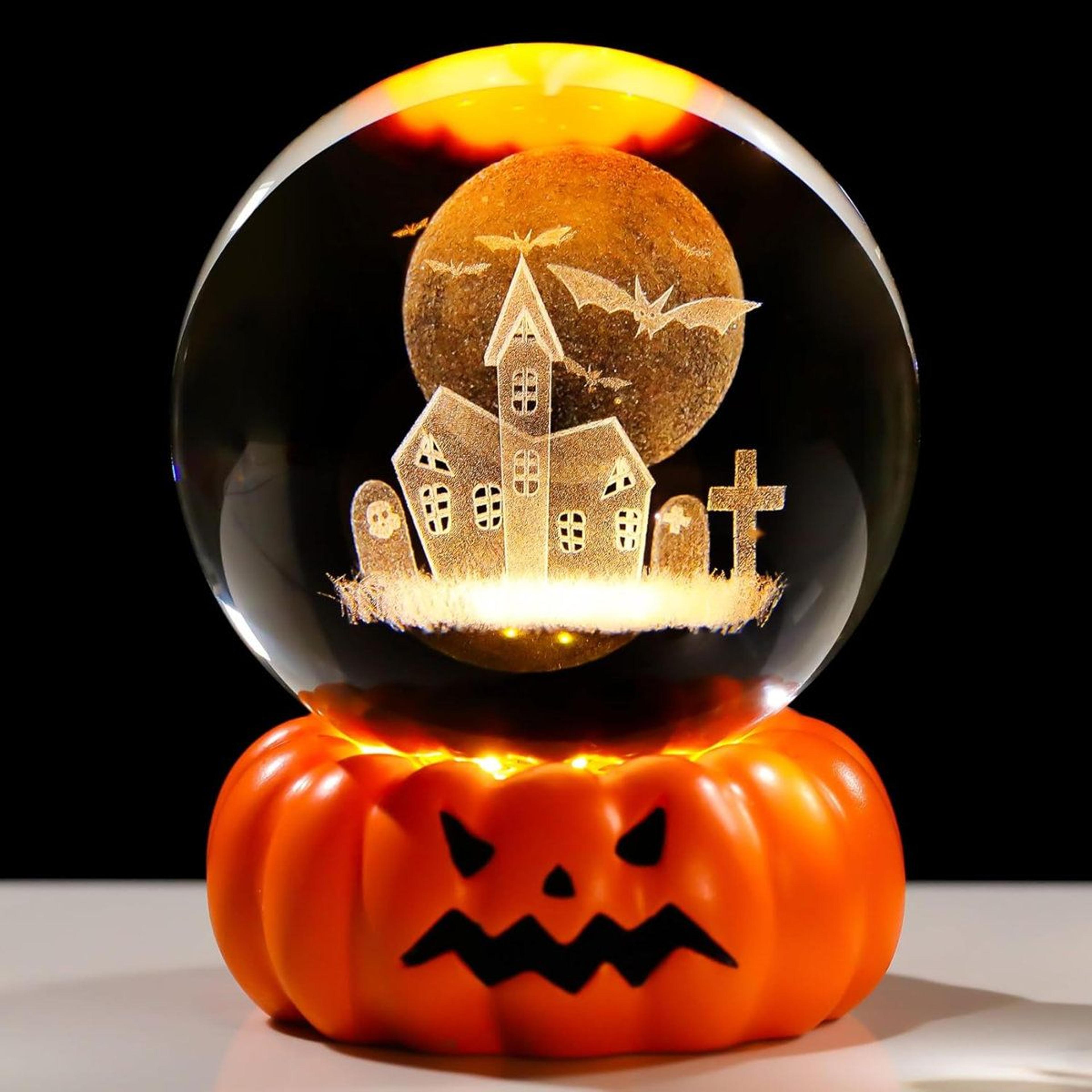 3d laser engraved halloween crystal ball with led pumpkin base