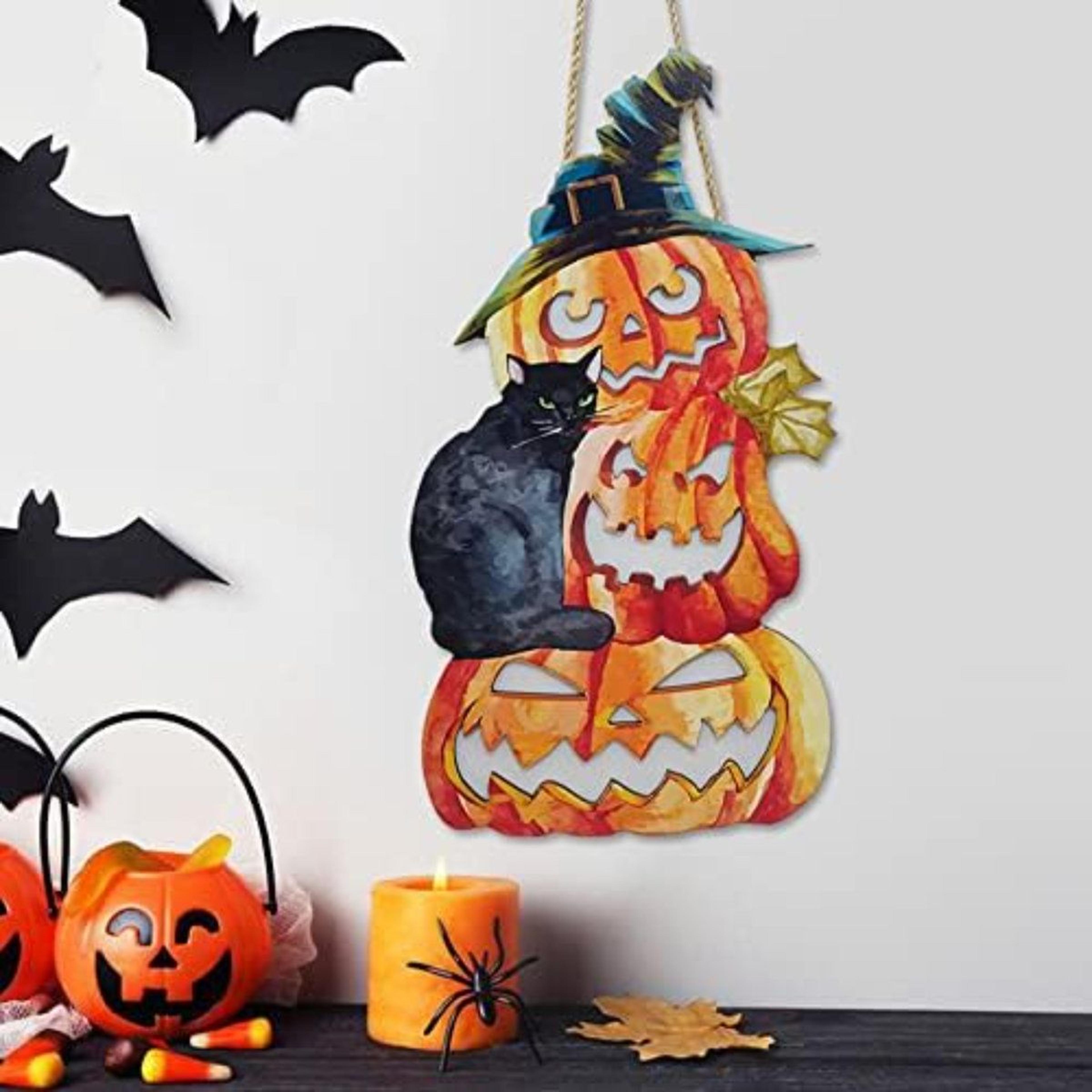 halloween wooden hanging sign with black cat and pumpkin design