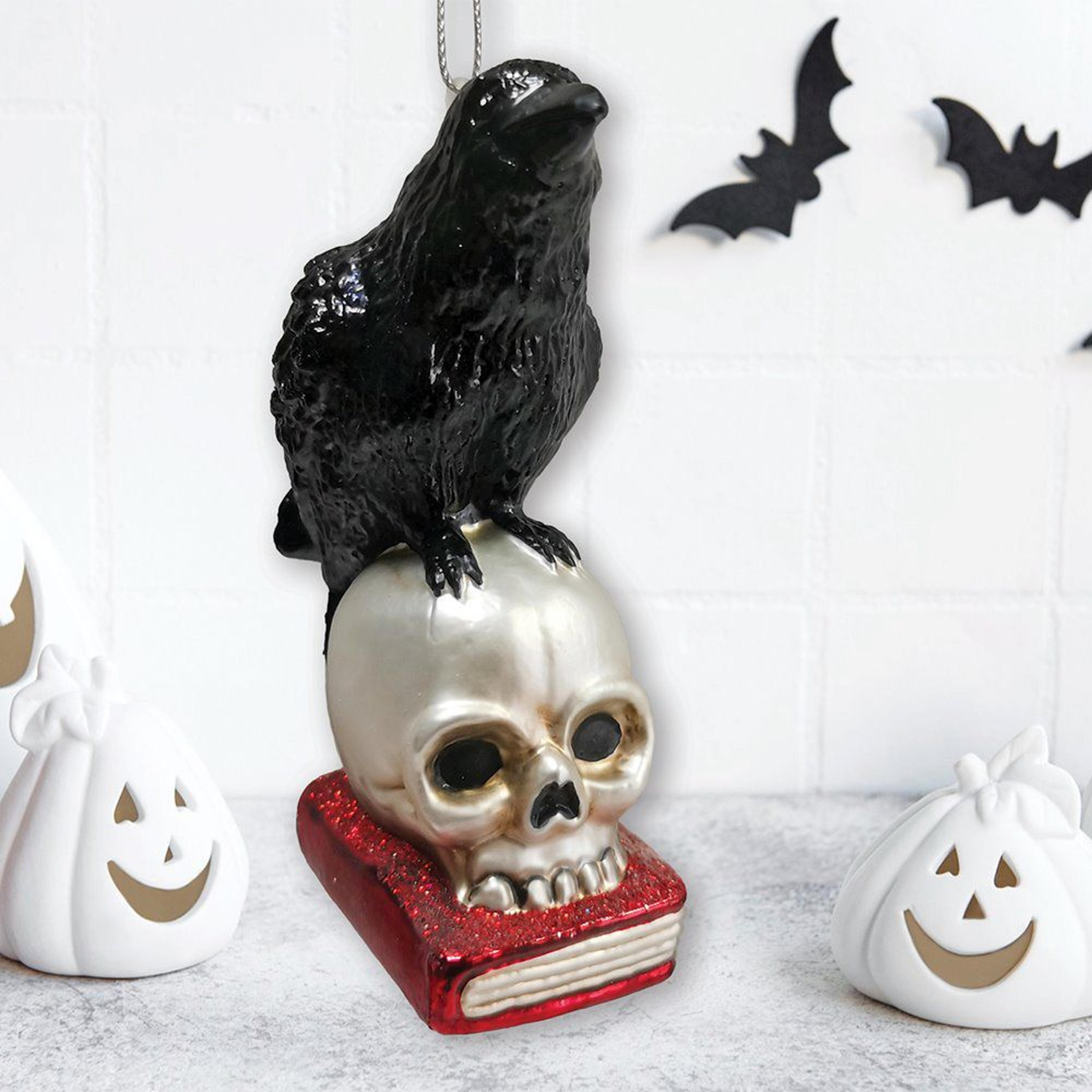 raven on skull and book glass ornament gothic edgar allan poe halloween decor