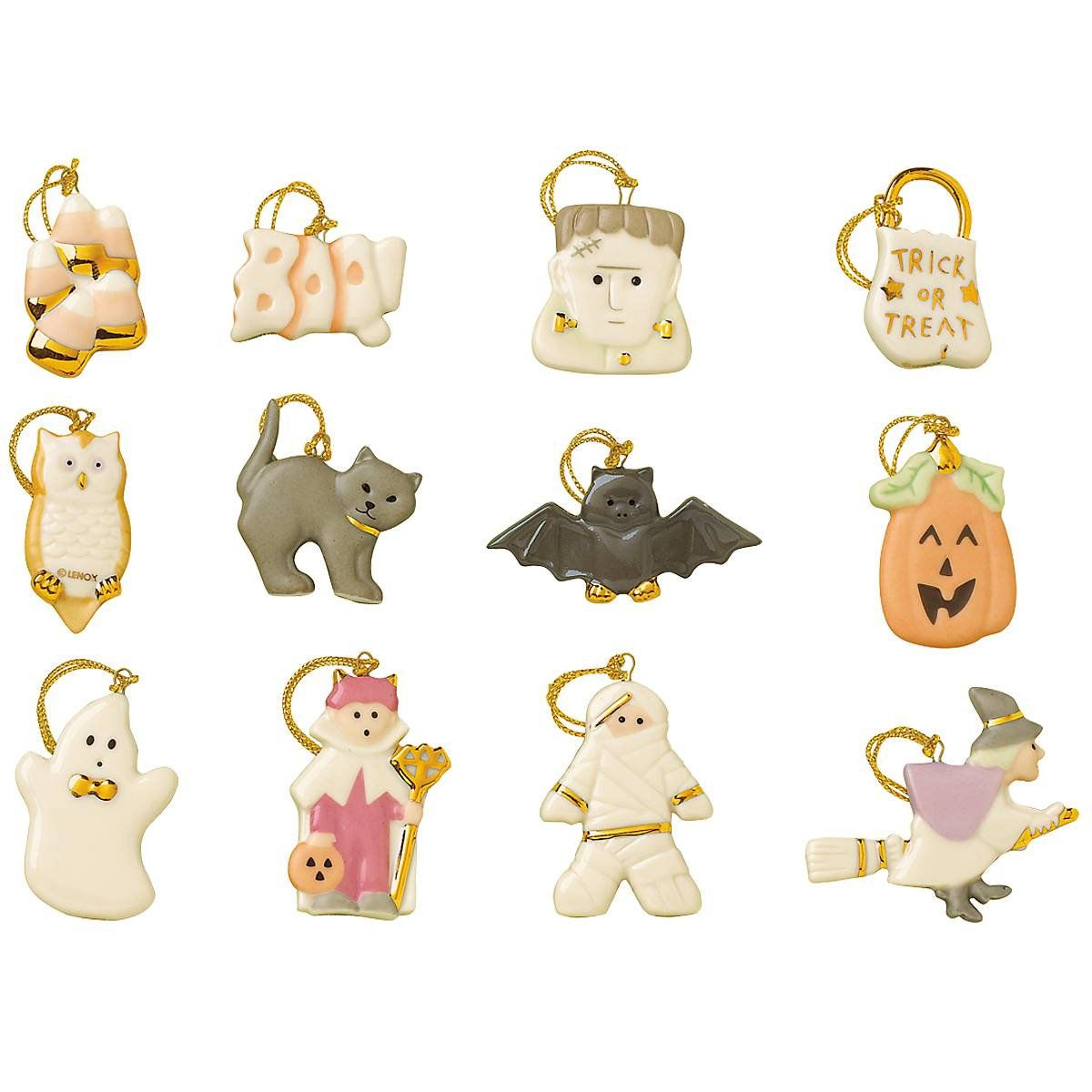 12-piece halloween porcelain ornament set with hand-painted designs and hangers