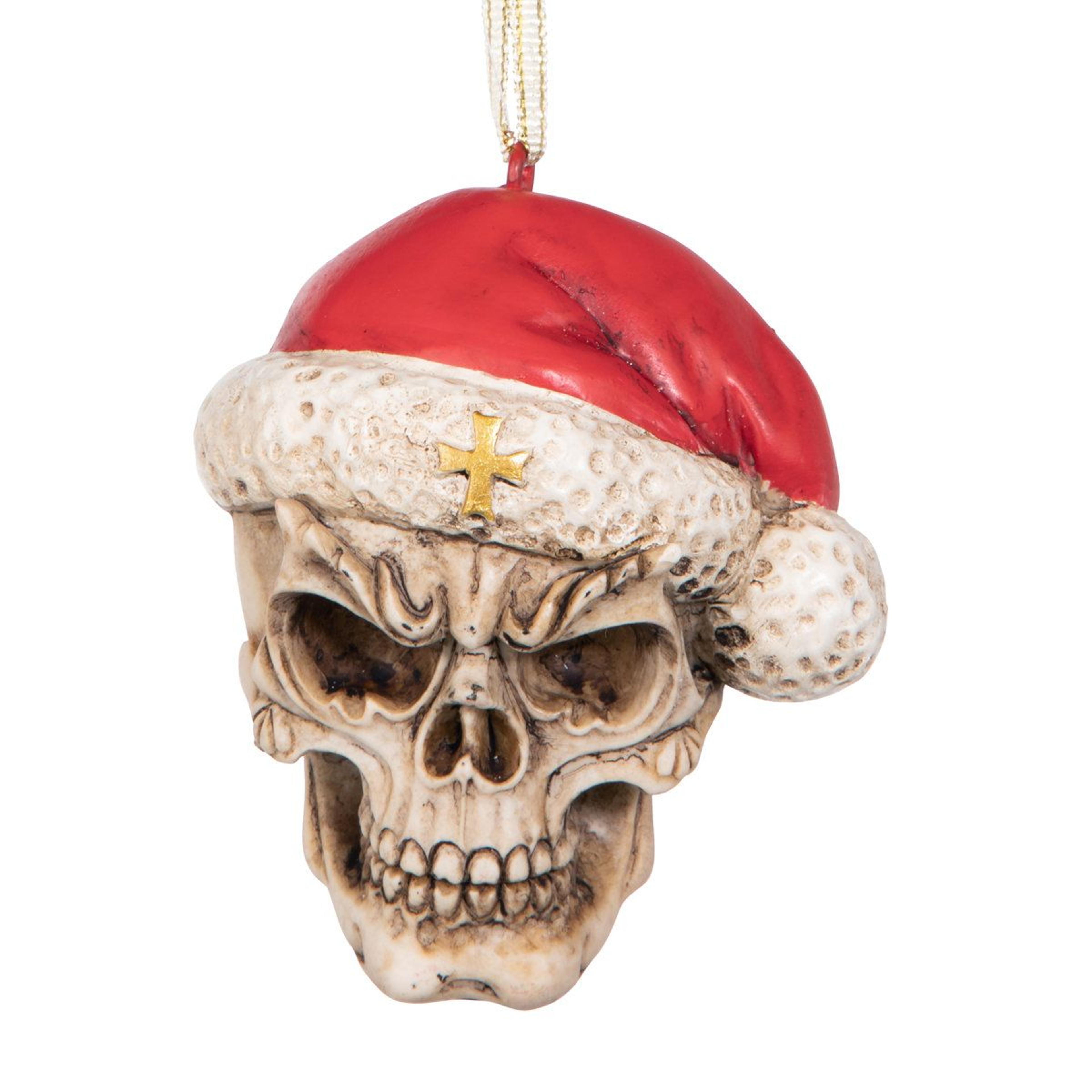 skelly claus skeleton christmas ornament with santa hat and gothic design