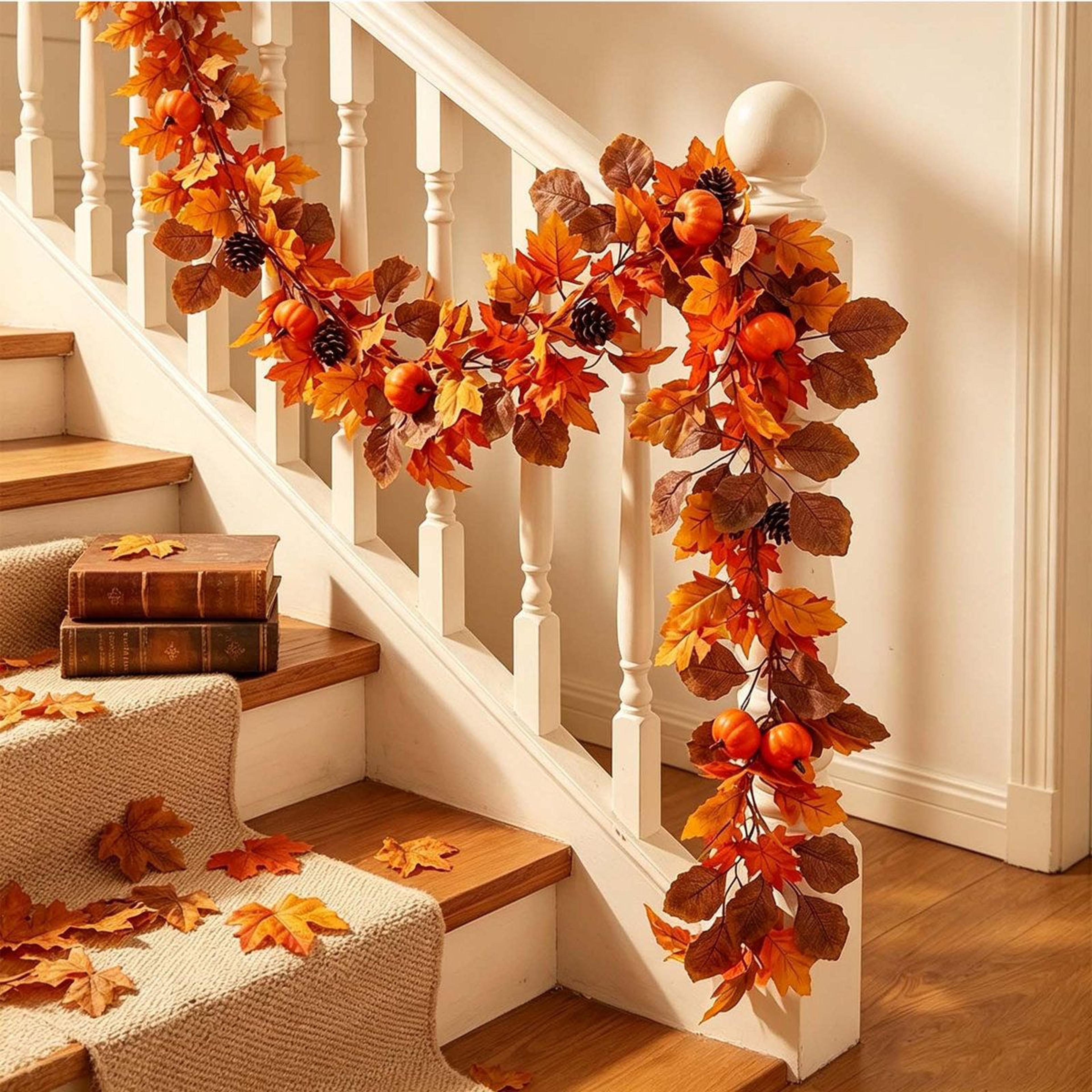 fall maple leaf garland with pumpkins and pinecones for halloween and thanksgiving decor
