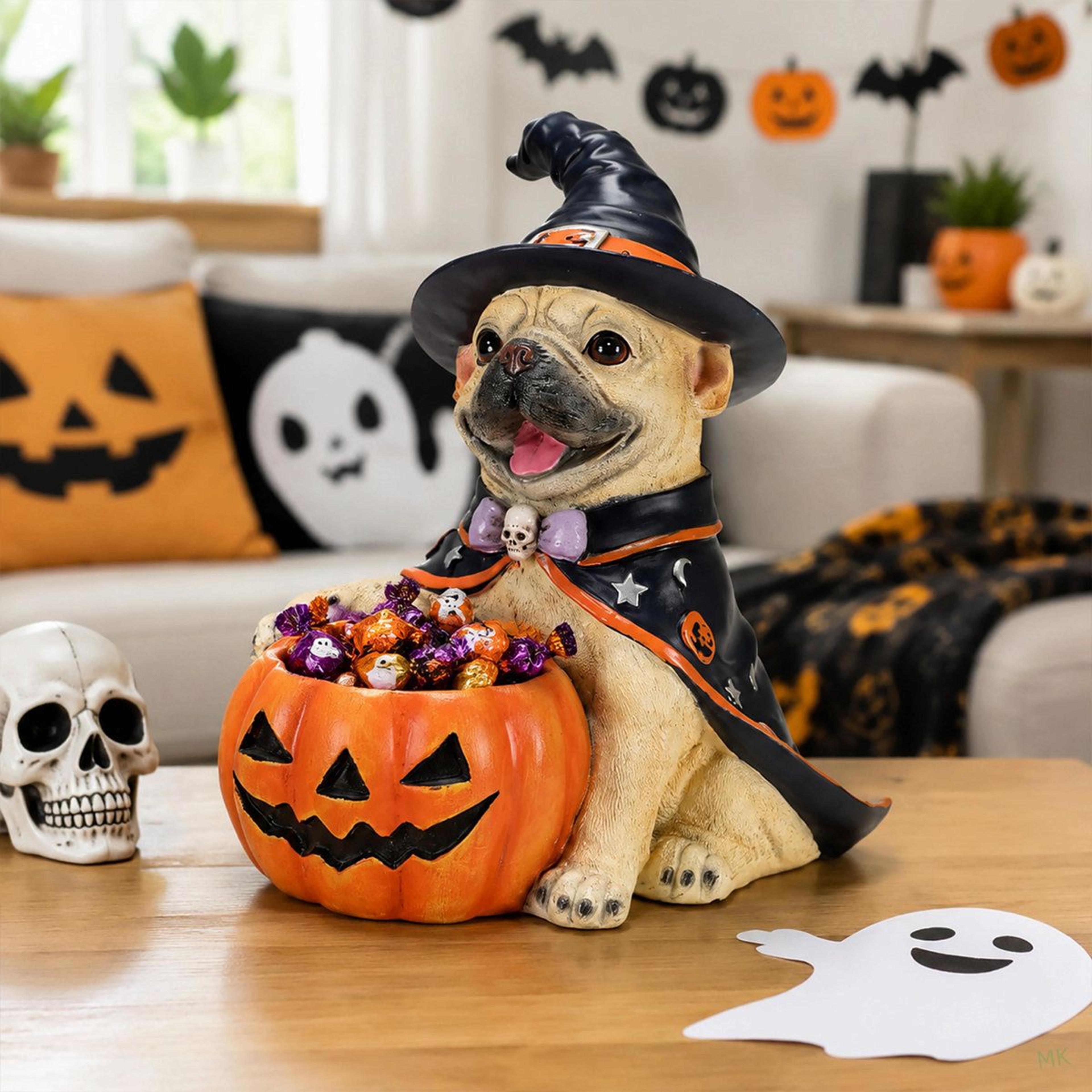 halloween french bulldog witch figurine with pumpkin candy bowl decoration