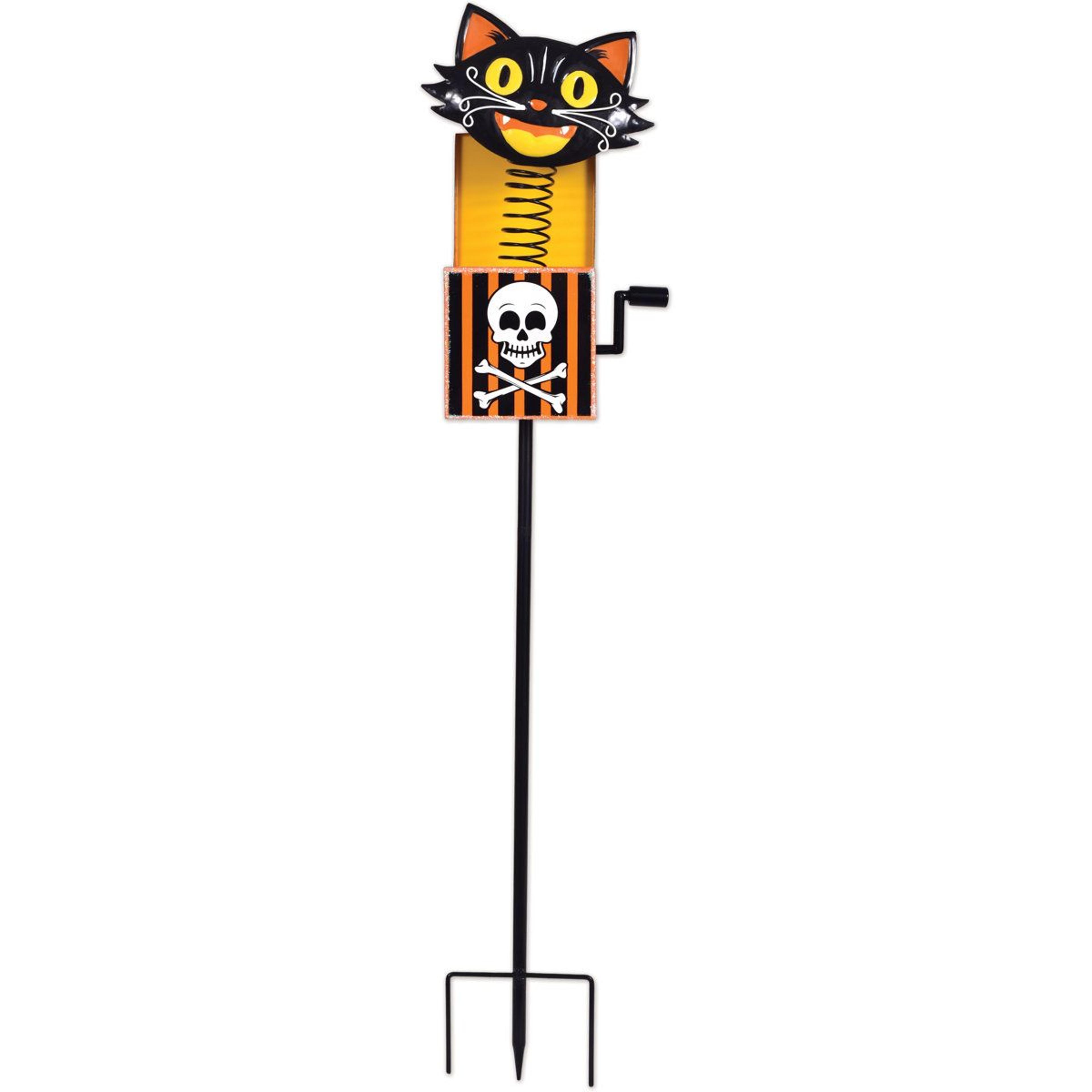 black cat jack in the box metal halloween garden stake with bobbing spring design