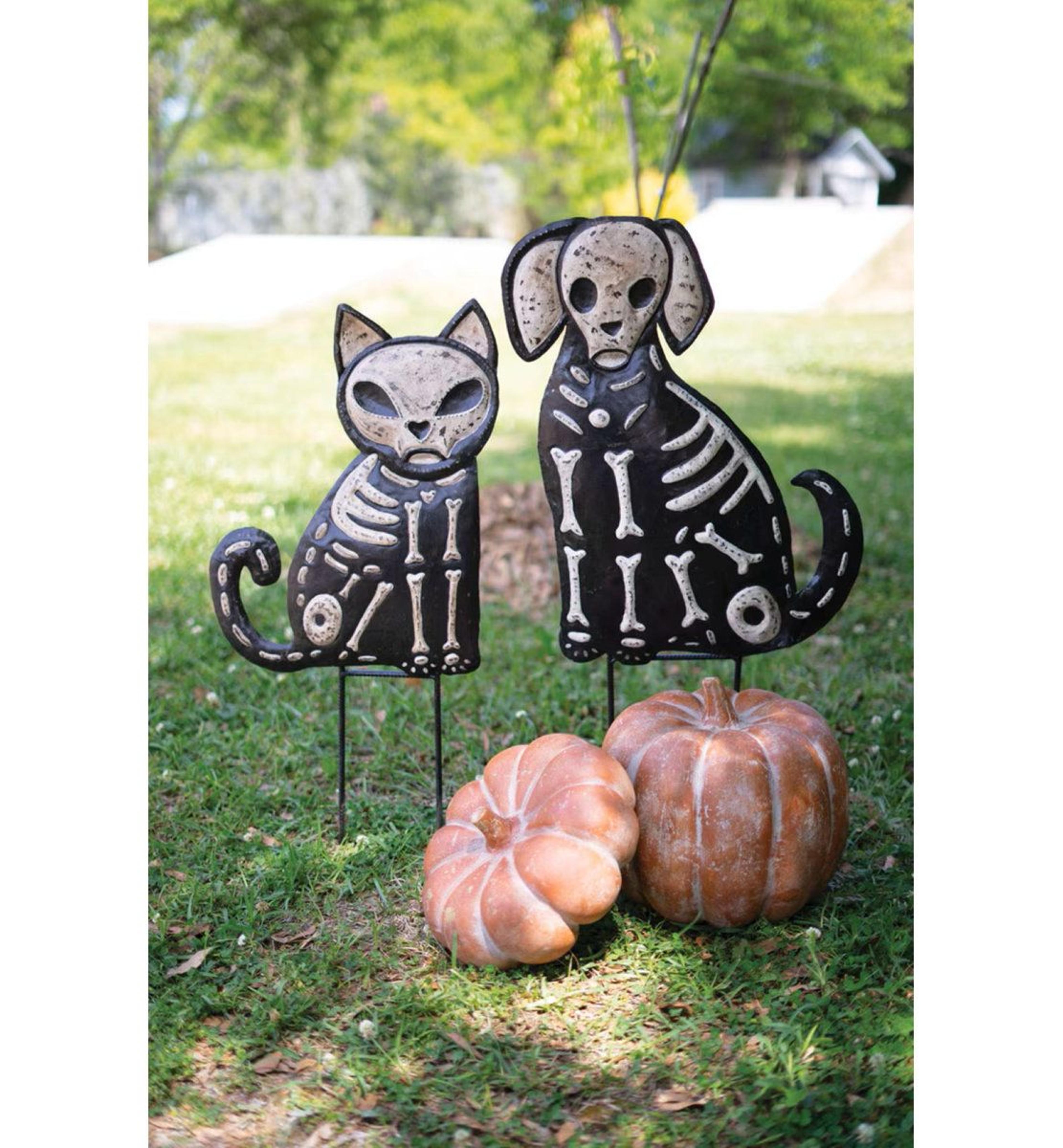 halloween skeleton cat and dog garden stakes set of 2 metal outdoor decorations