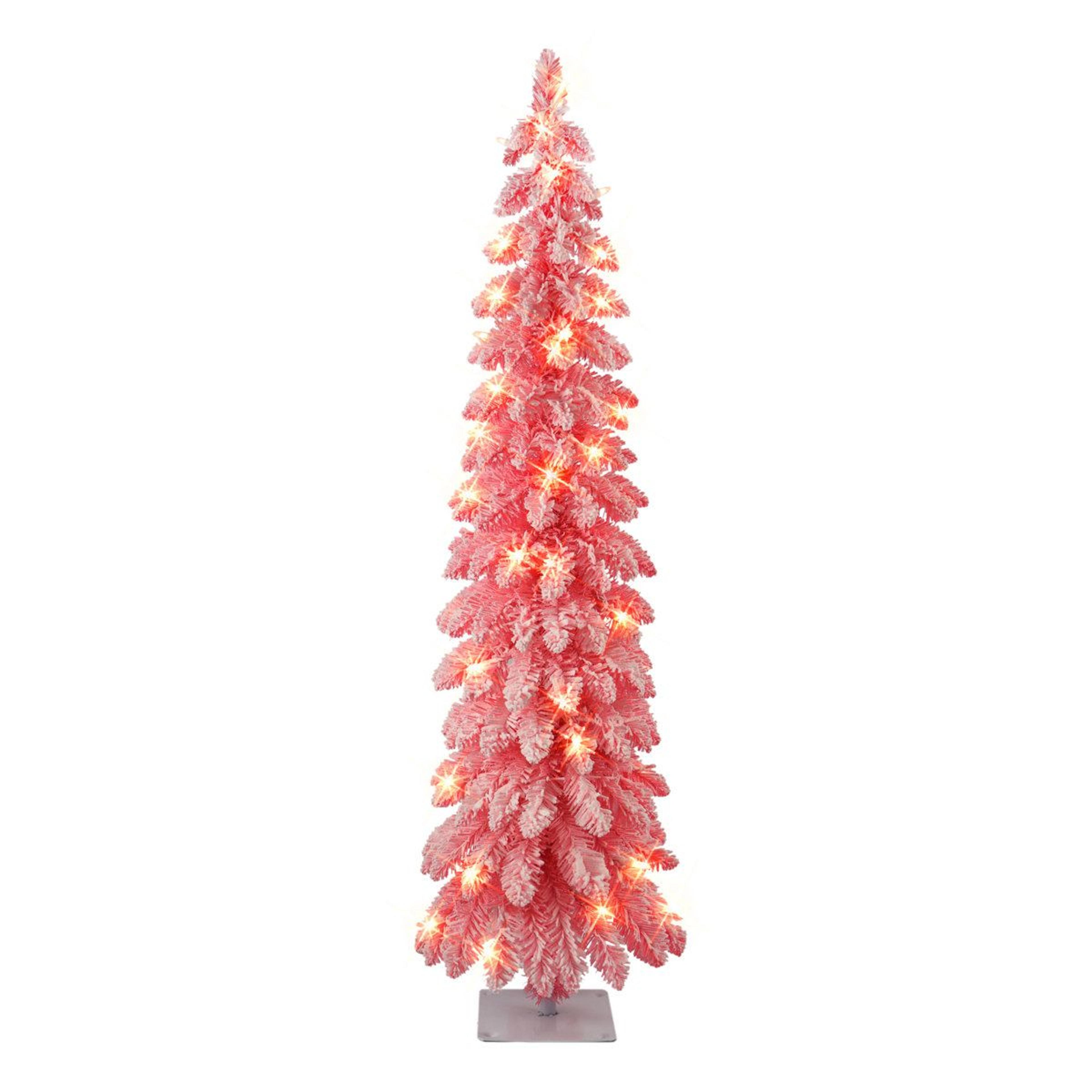 4 ft pre-lit pink flocked christmas tree with 50 warm white lights and metal stand