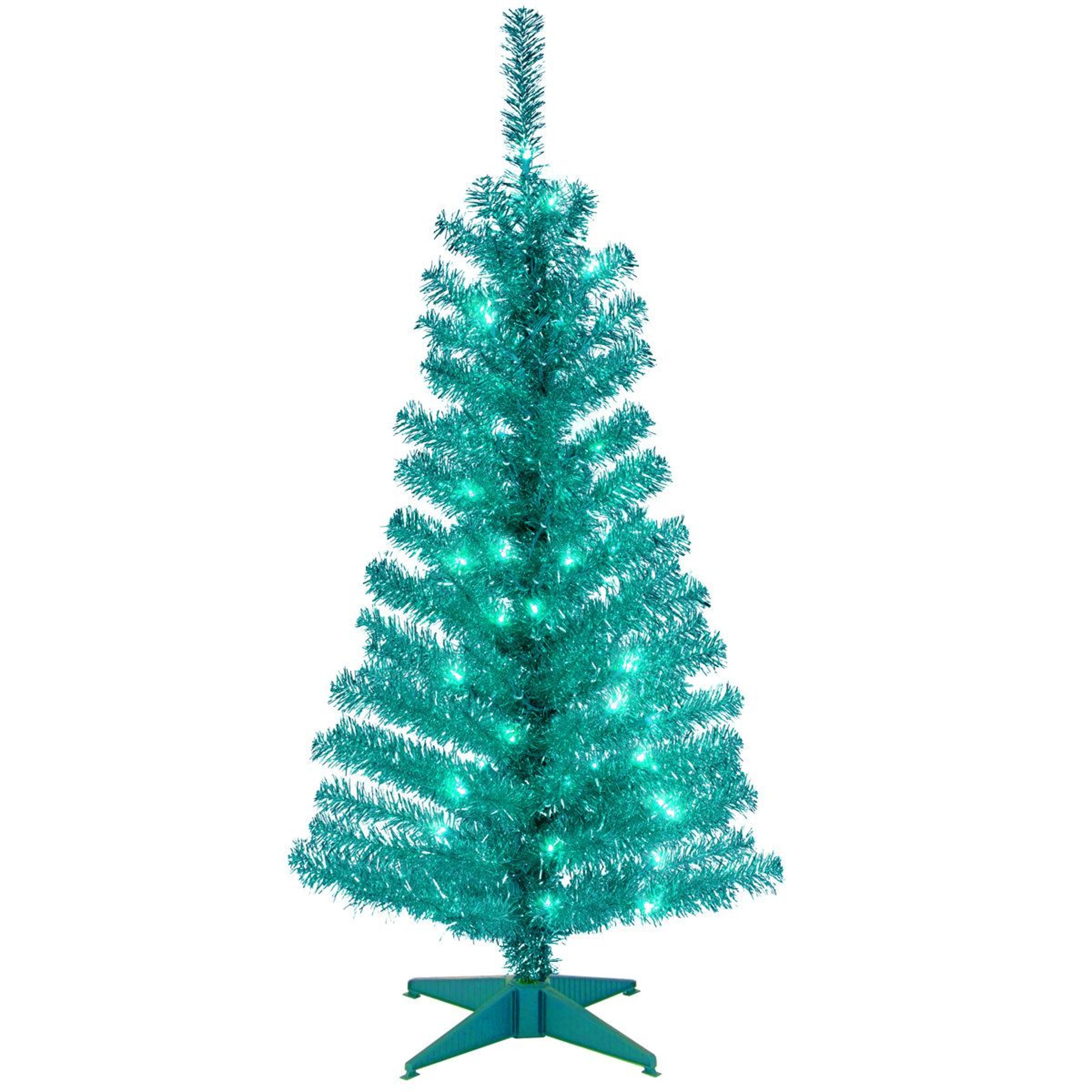 4 ft turquoise tinsel christmas tree with 70 clear lights and stand