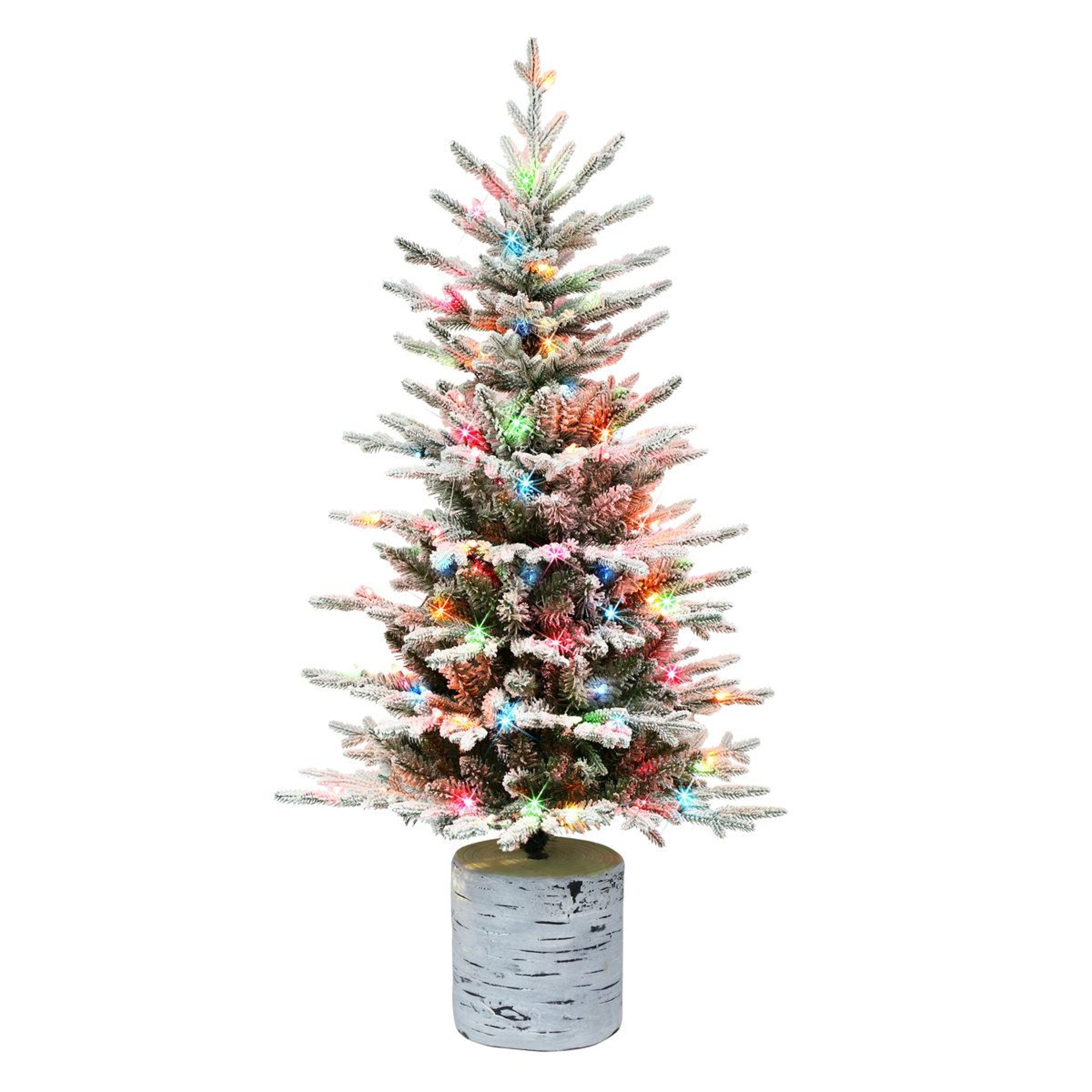 4.5 ft pre-lit flocked artificial christmas tree with multicolor lights and potted stand