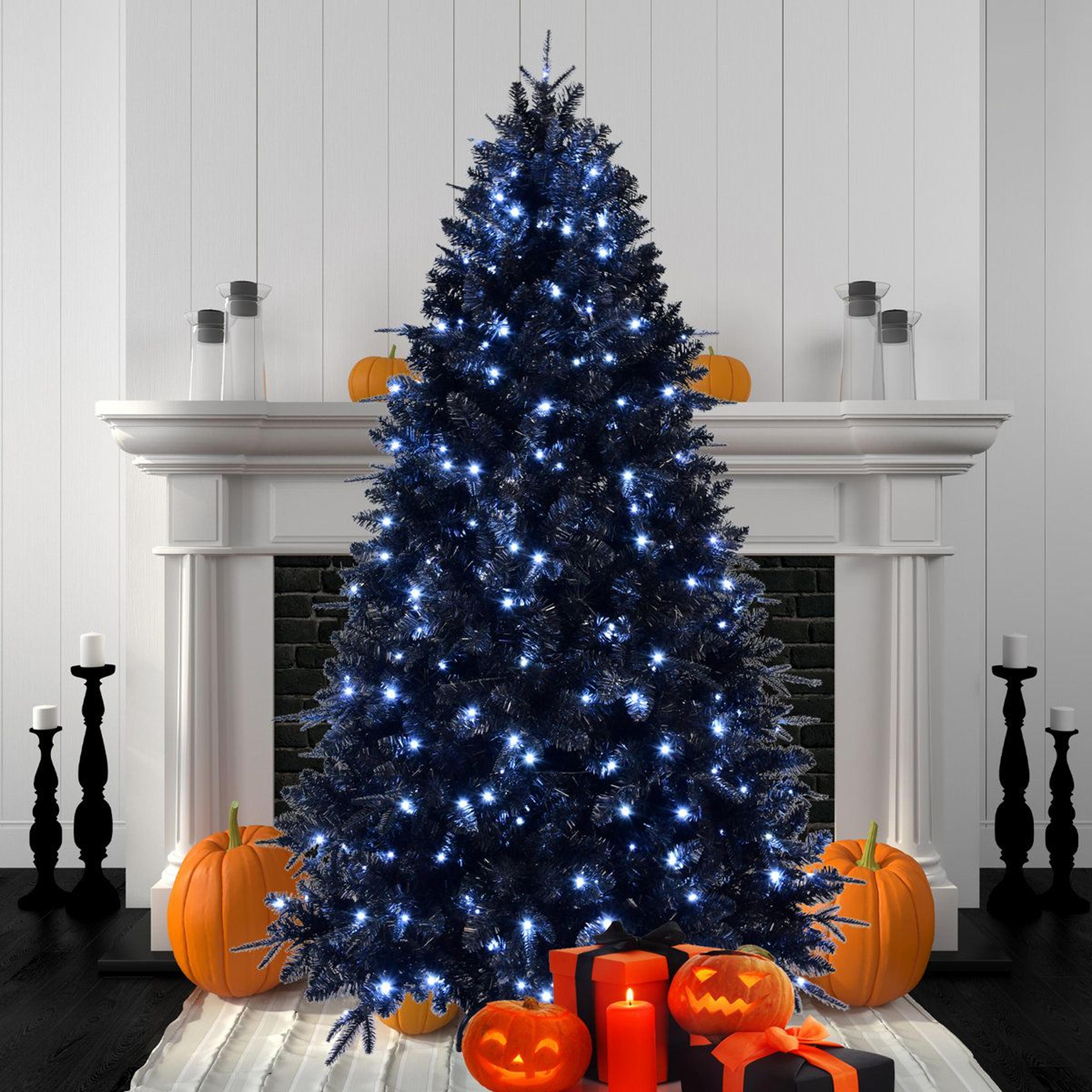 8ft black artificial christmas tree with 600 white led lights and 2486 branch tips