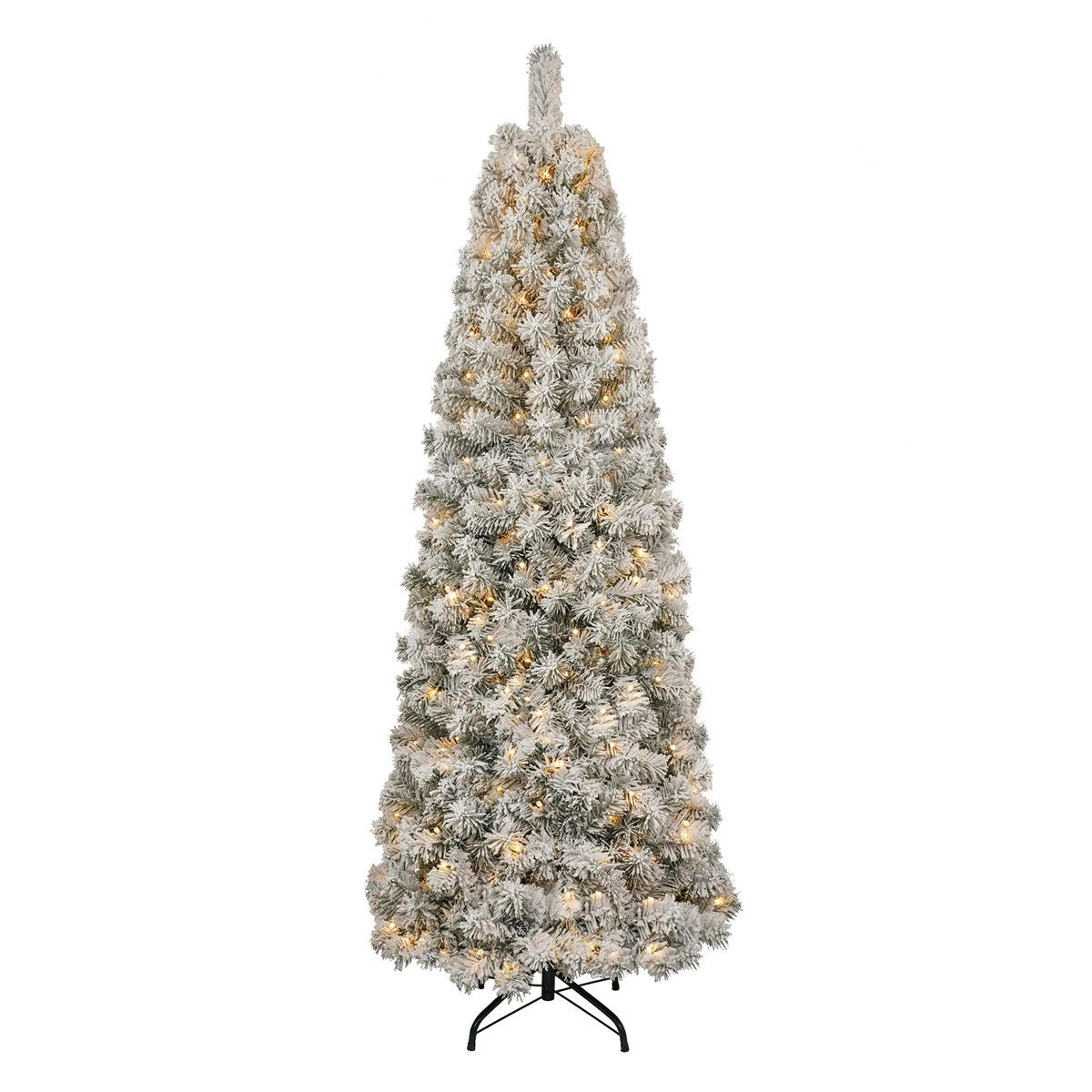 slim pre-lit flocked artificial christmas tree with 200 multicolor led lights