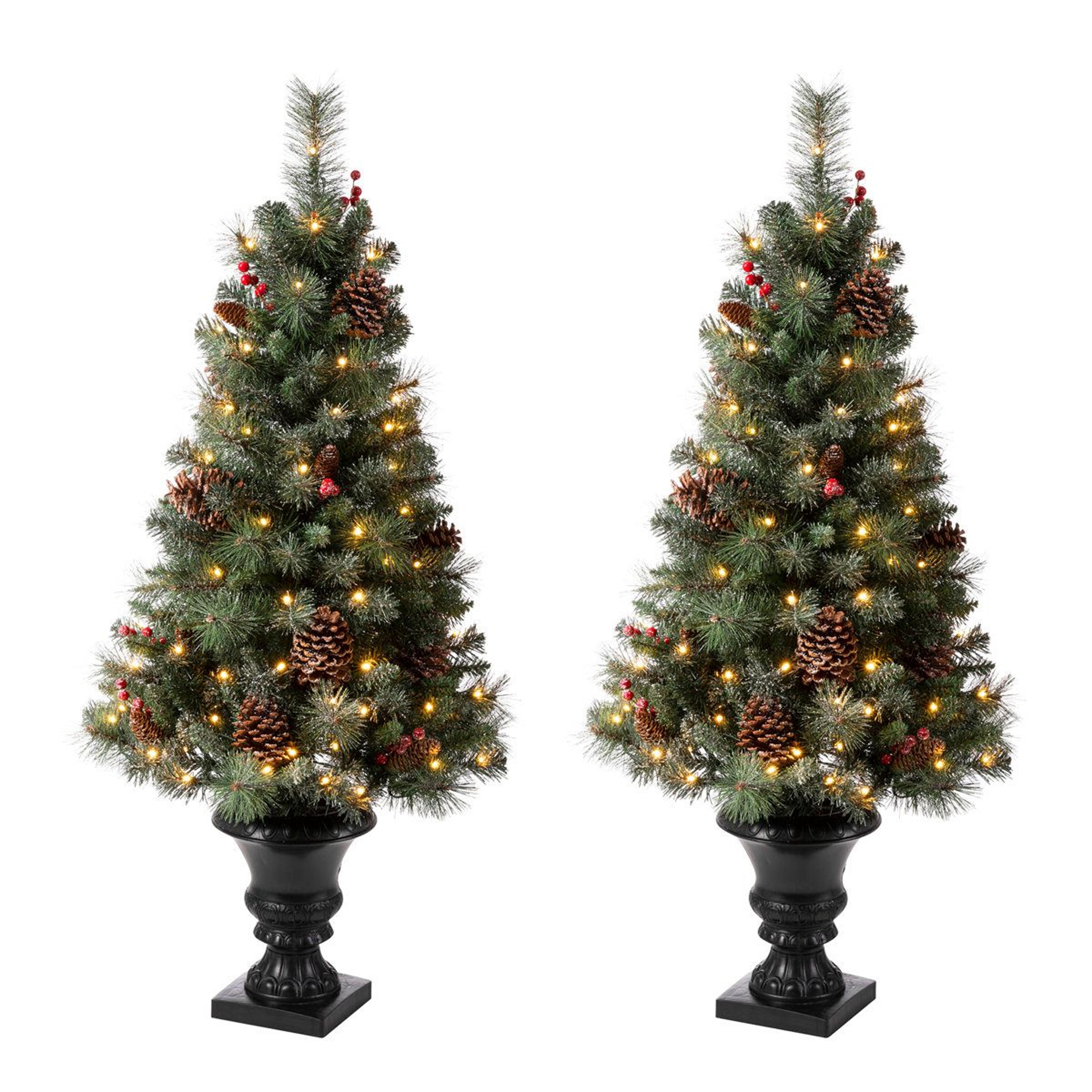 4 ft pre-lit frosted cypress christmas trees with led lights and pinecones set of 2