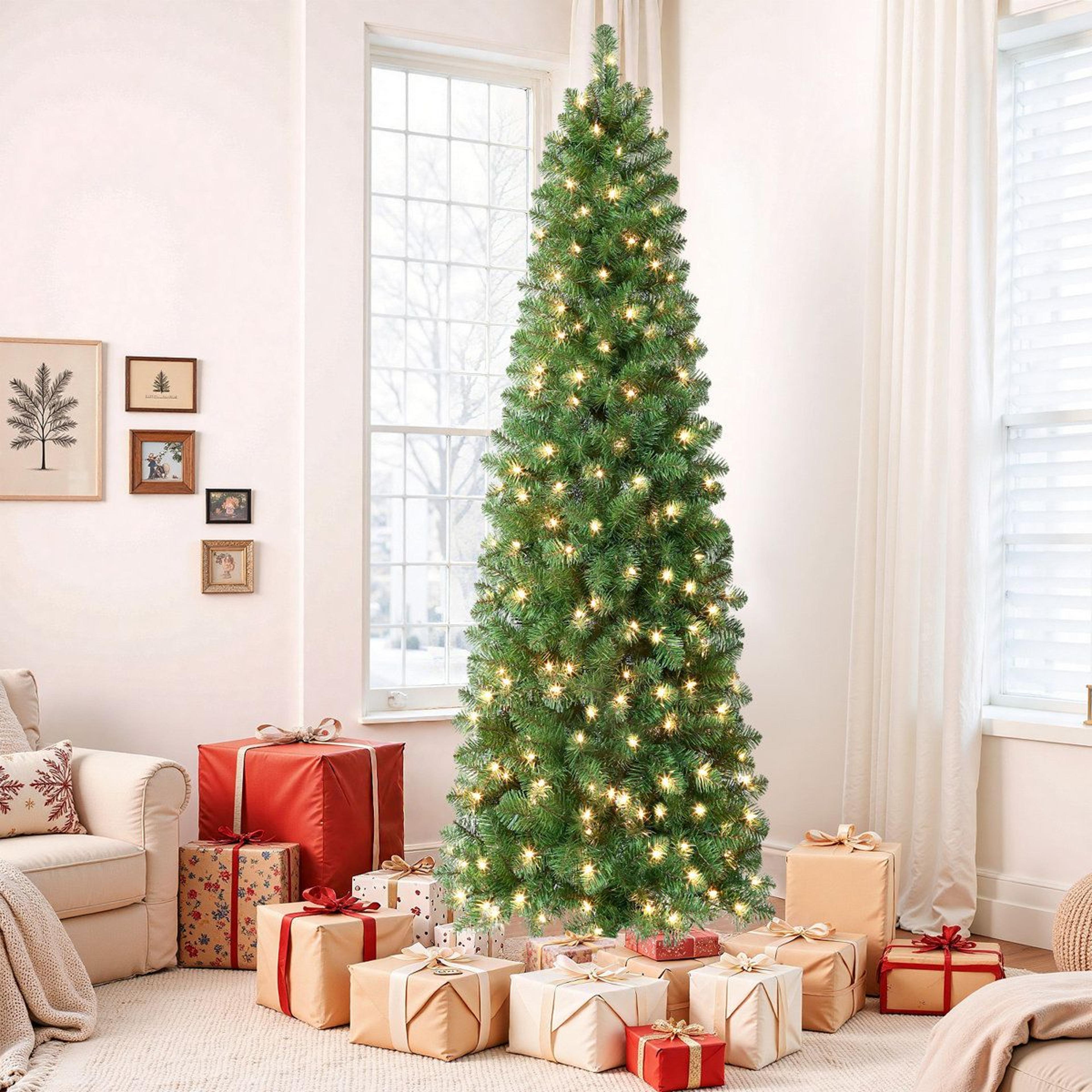 6.5 ft prelit slim pencil christmas tree with 200 led lights and hinged branches