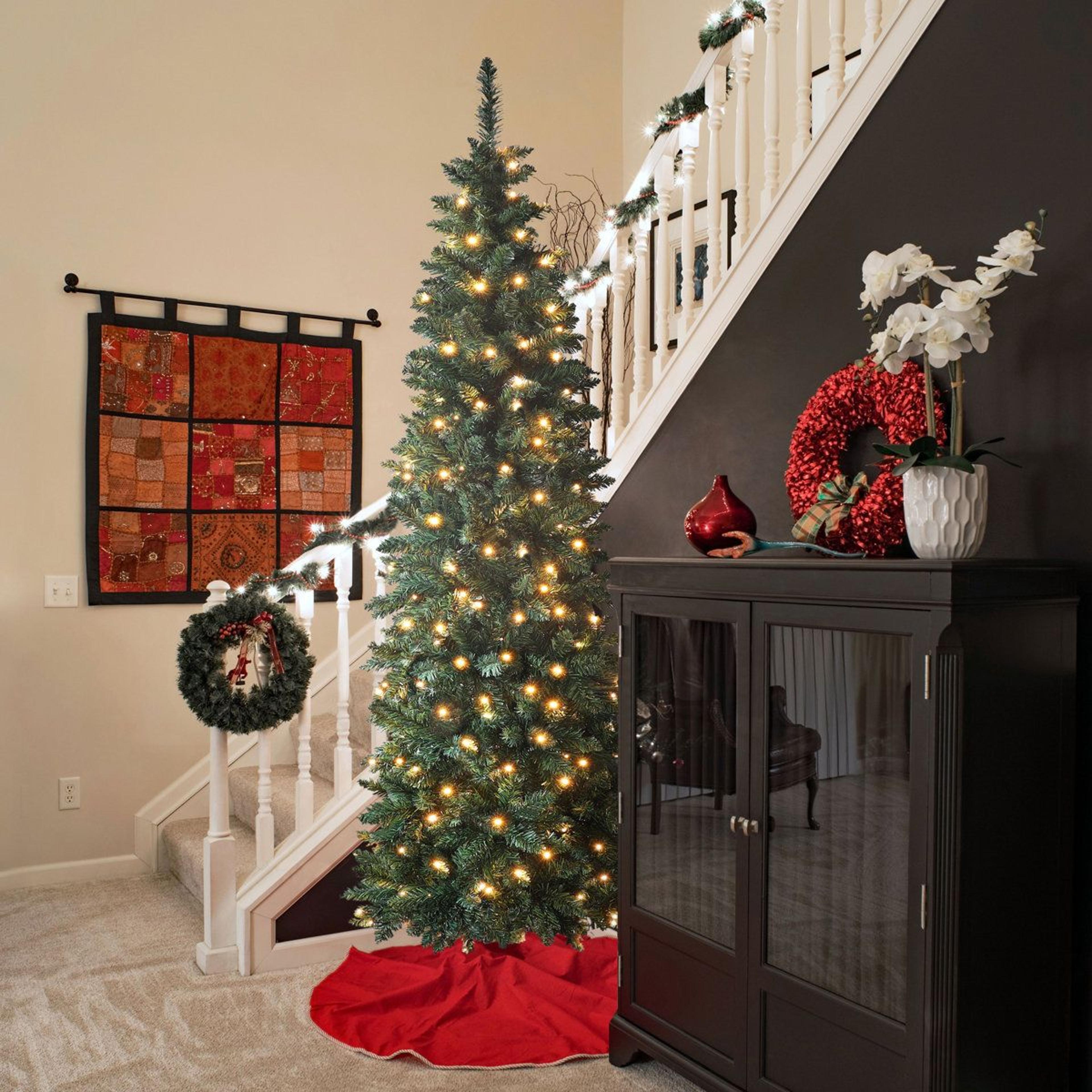 pre-lit slim pencil artificial fir christmas tree with warm white led lights