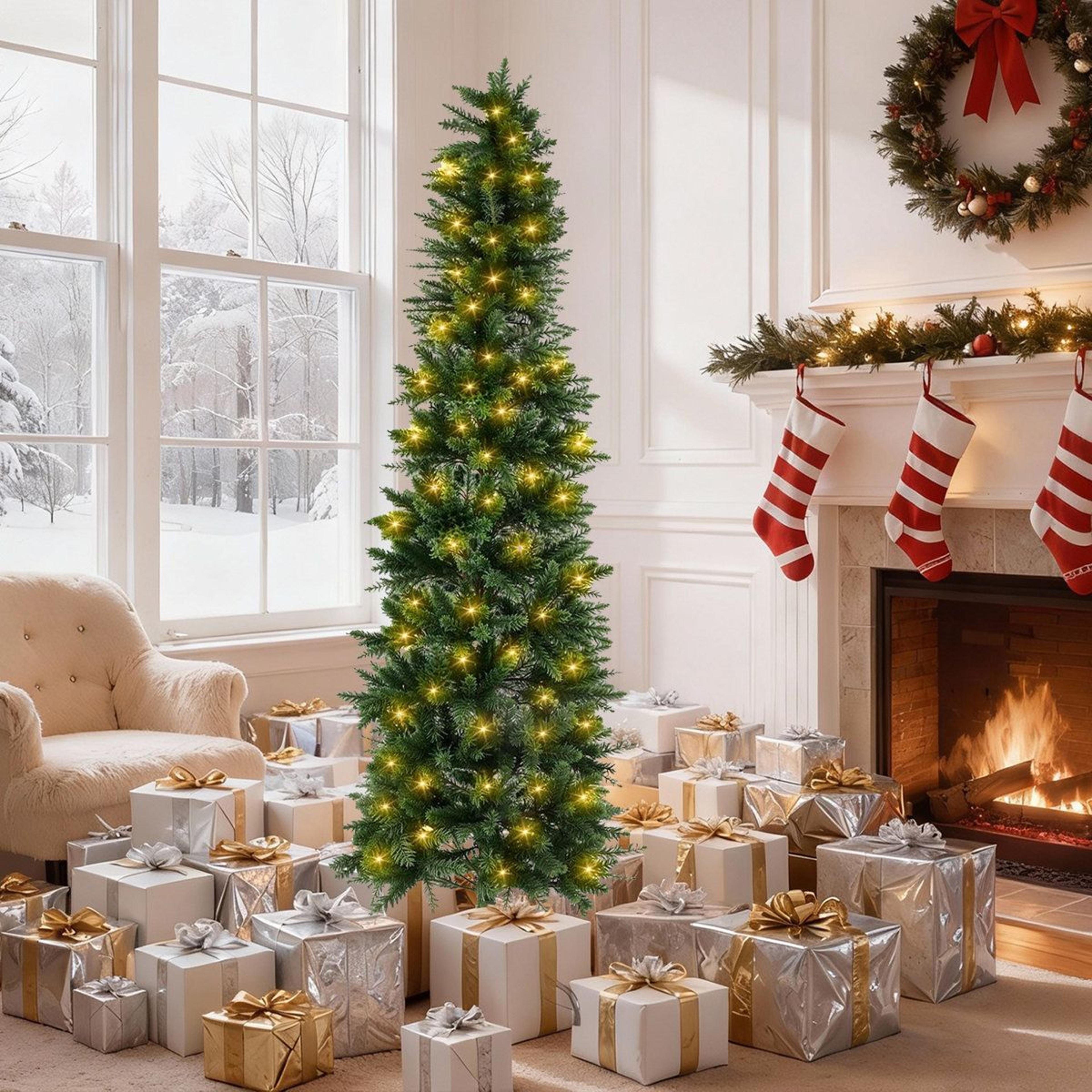 6 ft pre-lit slim pencil christmas tree with 250 warm white led lights