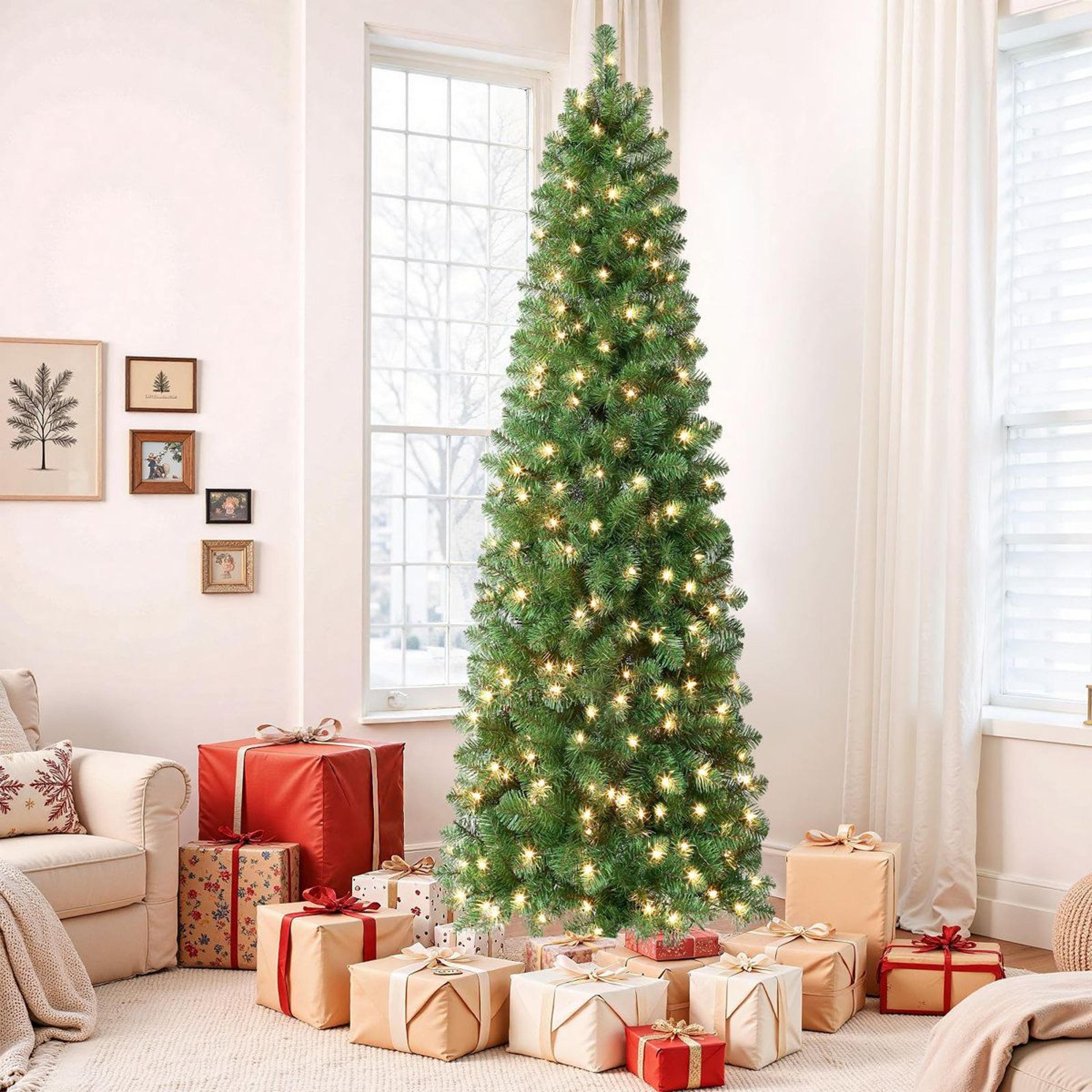 7.5 ft prelit slim pencil christmas tree with 300 lights and hinged branches