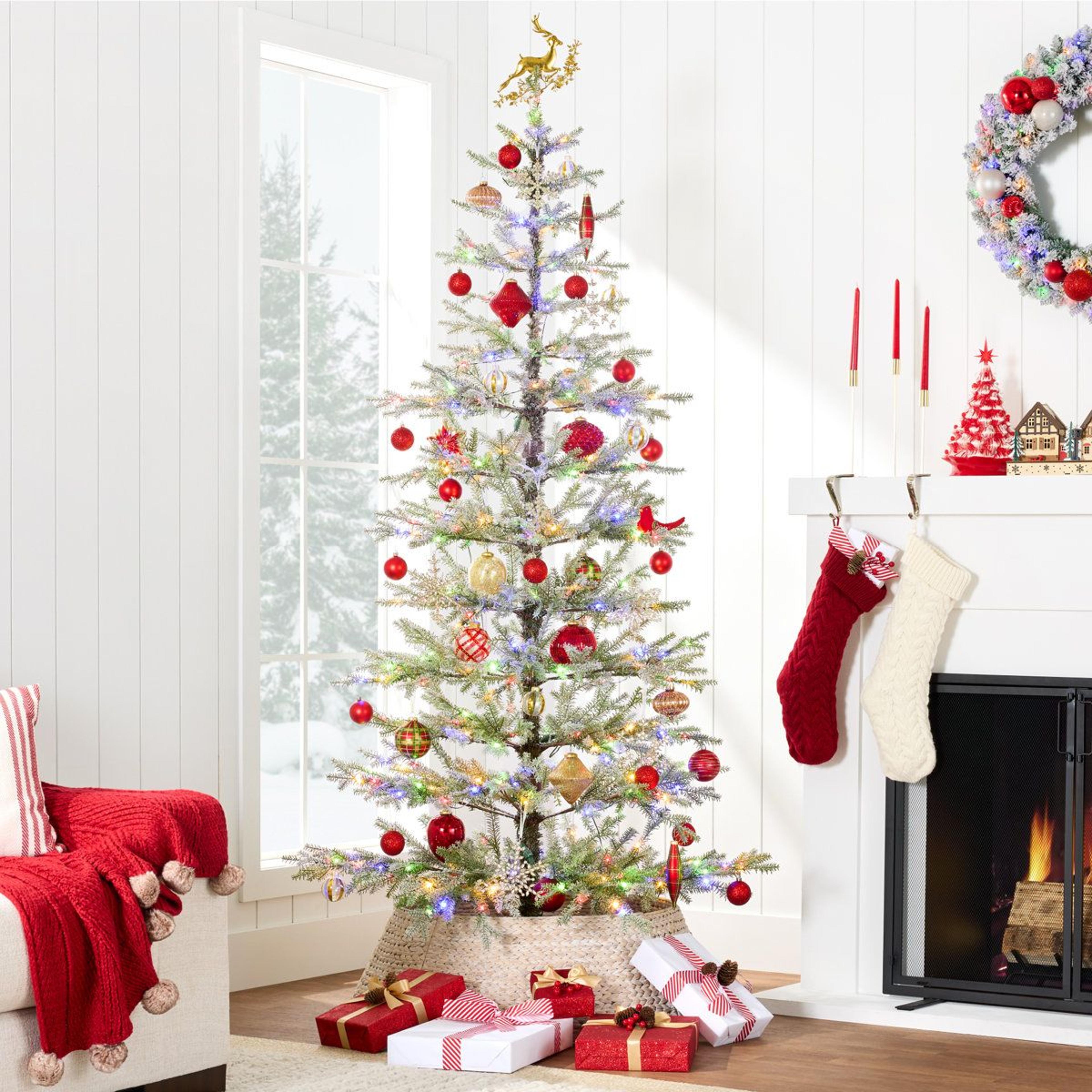 7.5 ft pre-lit flocked sparse christmas tree with multicolor led lights and metal stand