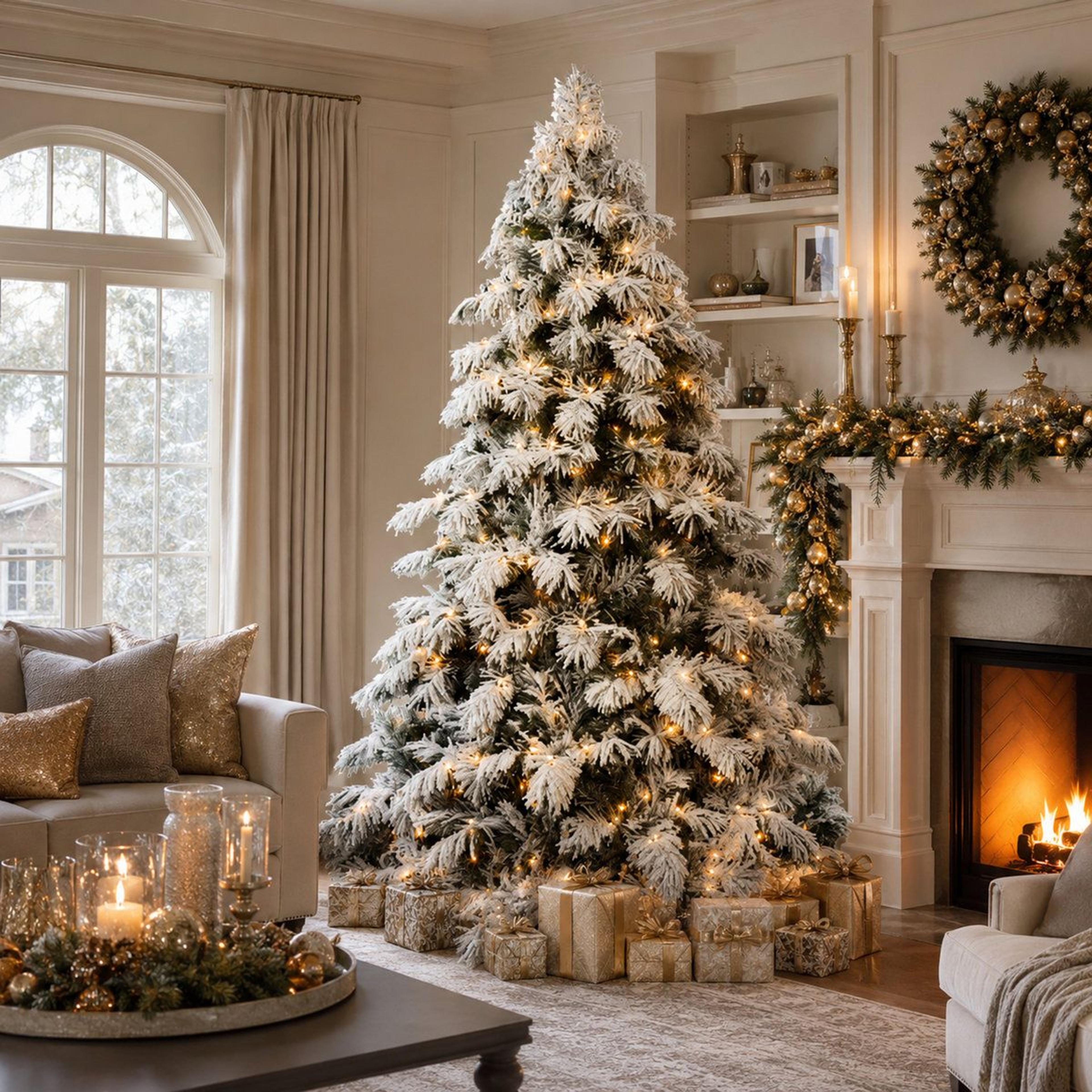 7ft pre-lit snow flocked christmas tree with warm white led lights and hinged branches