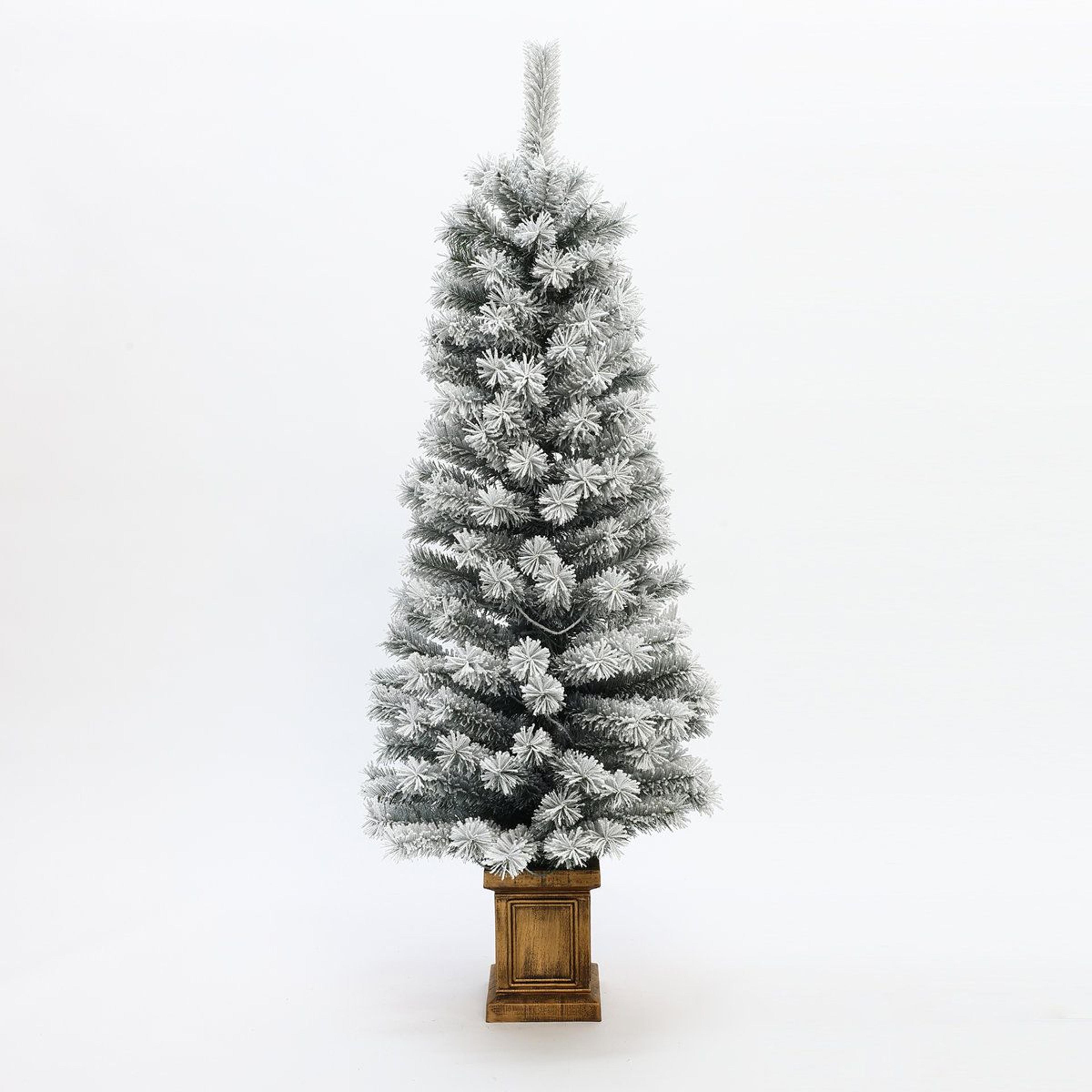 pre-lit frosted artificial christmas tree with warm white led lights and decorative pot