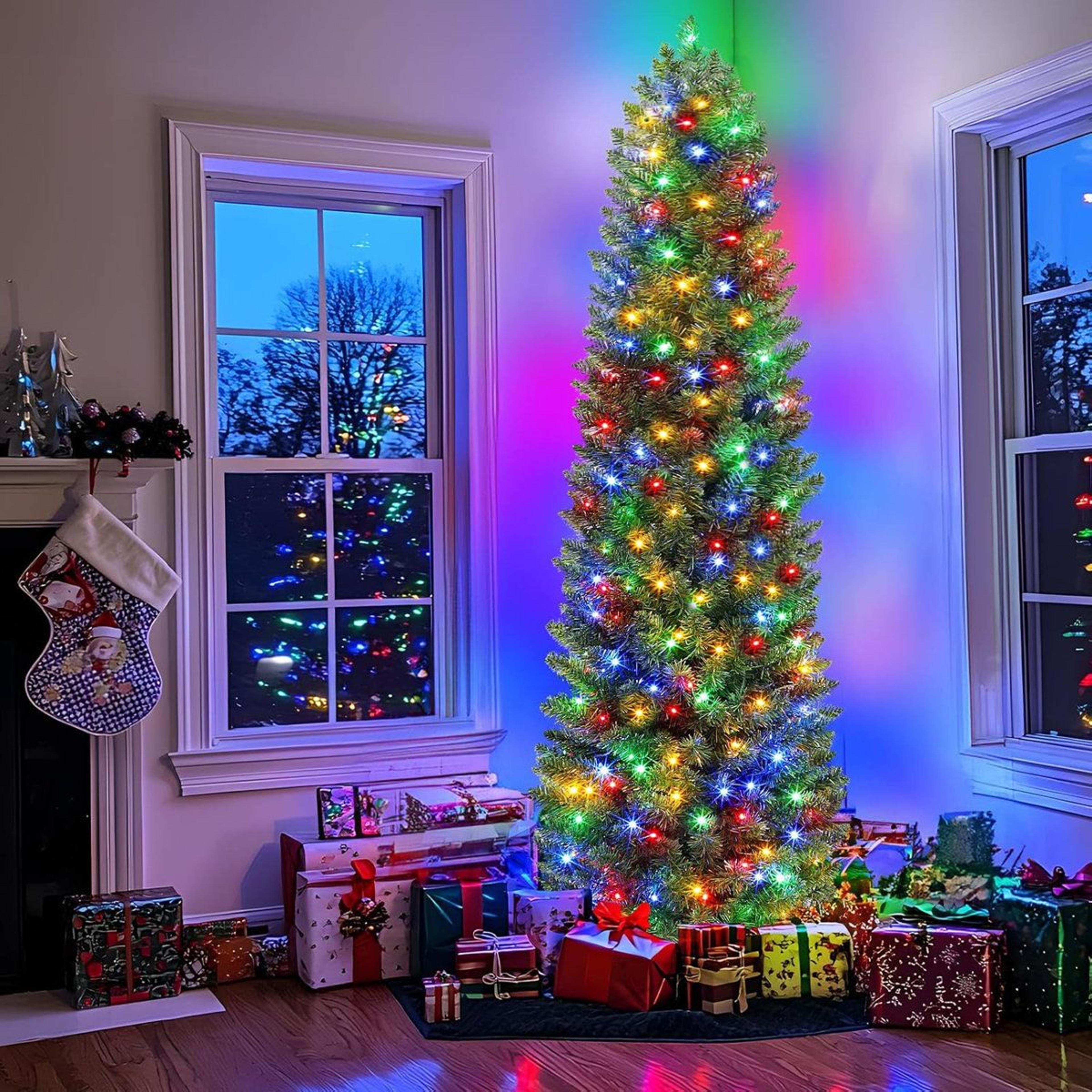 6 ft prelit pencil christmas tree with 250 multicolor led lights and metal stand