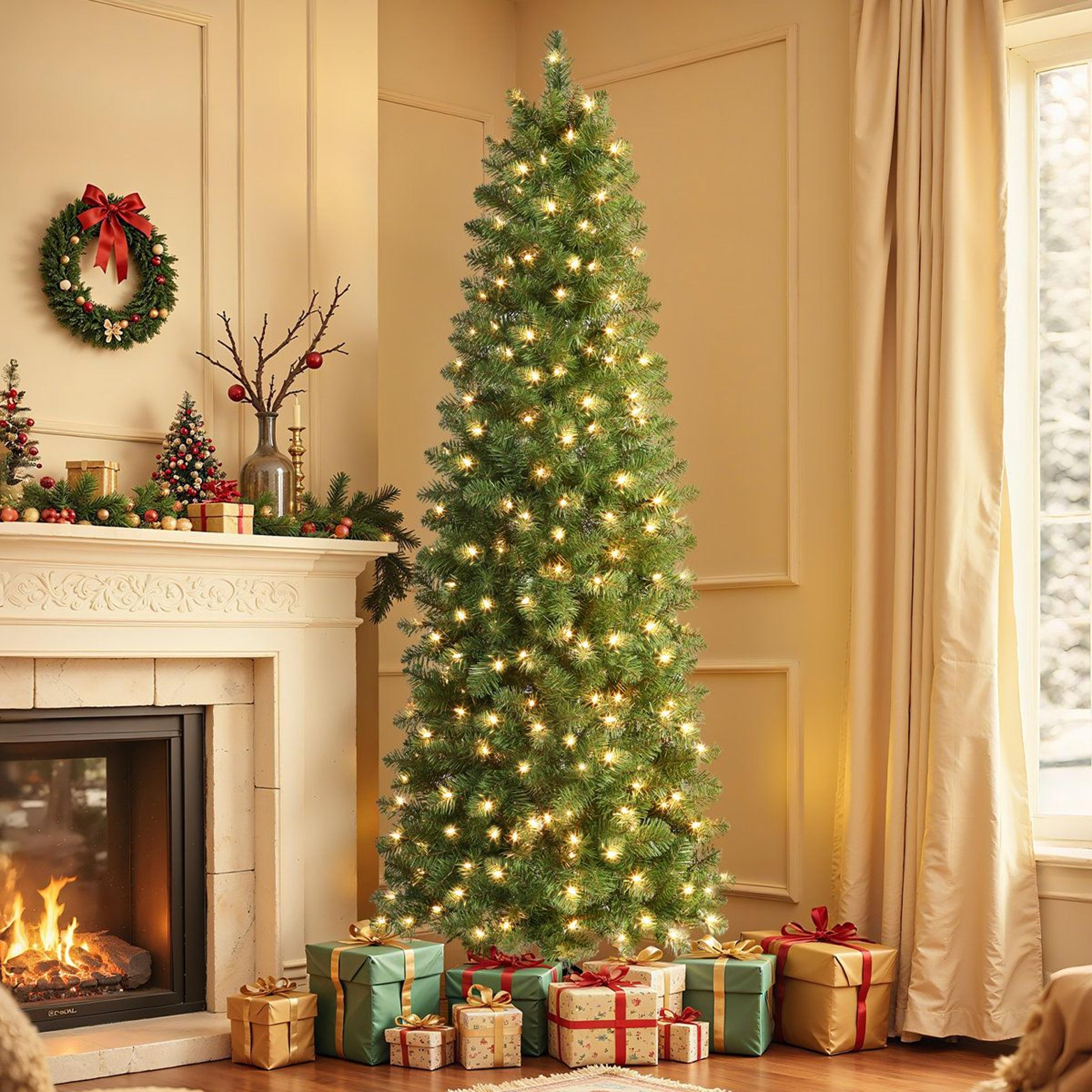 7.5 ft pre-lit slim pencil christmas tree with warm white lights and hinged branches