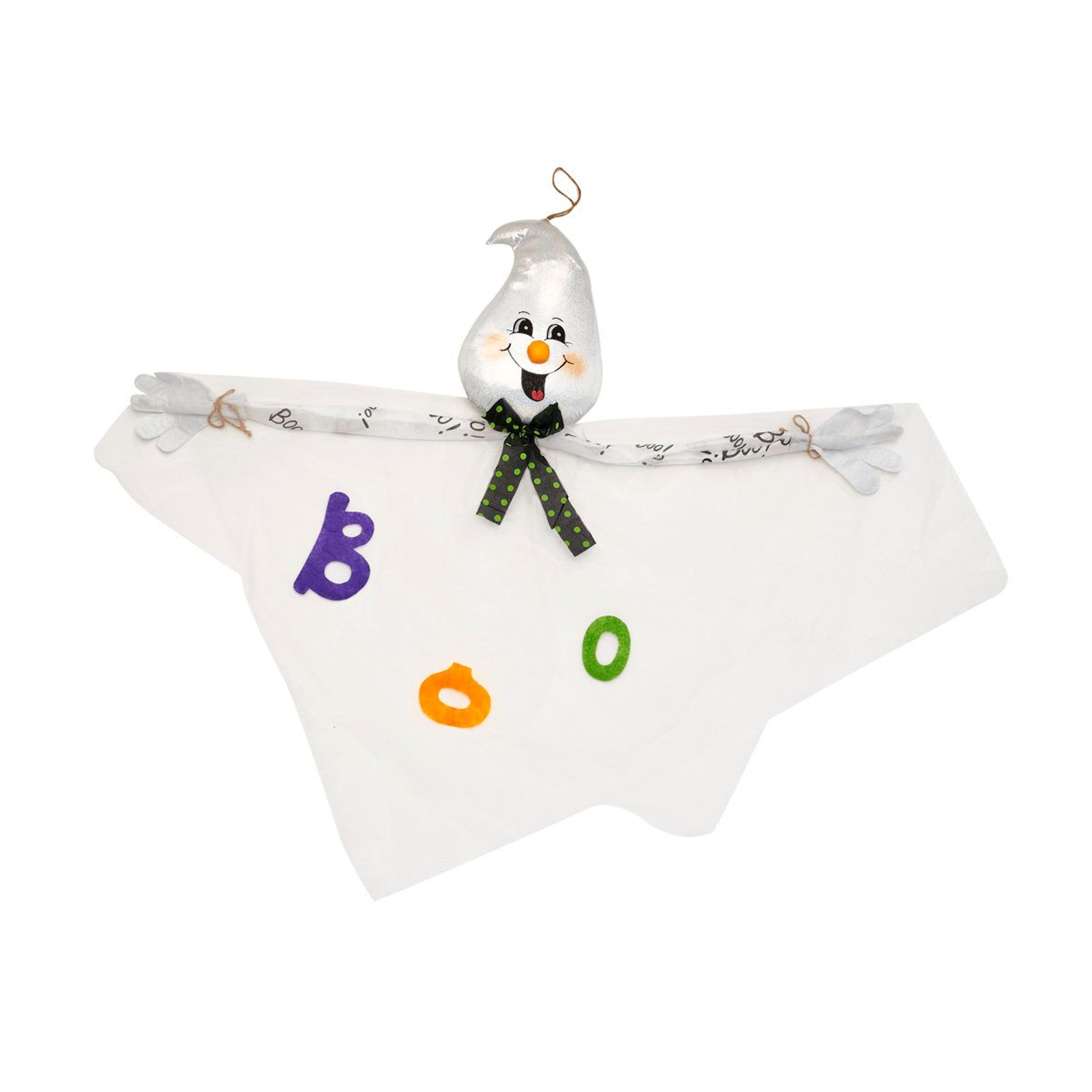 hanging halloween ghost decoration with posable arms and sheer cape