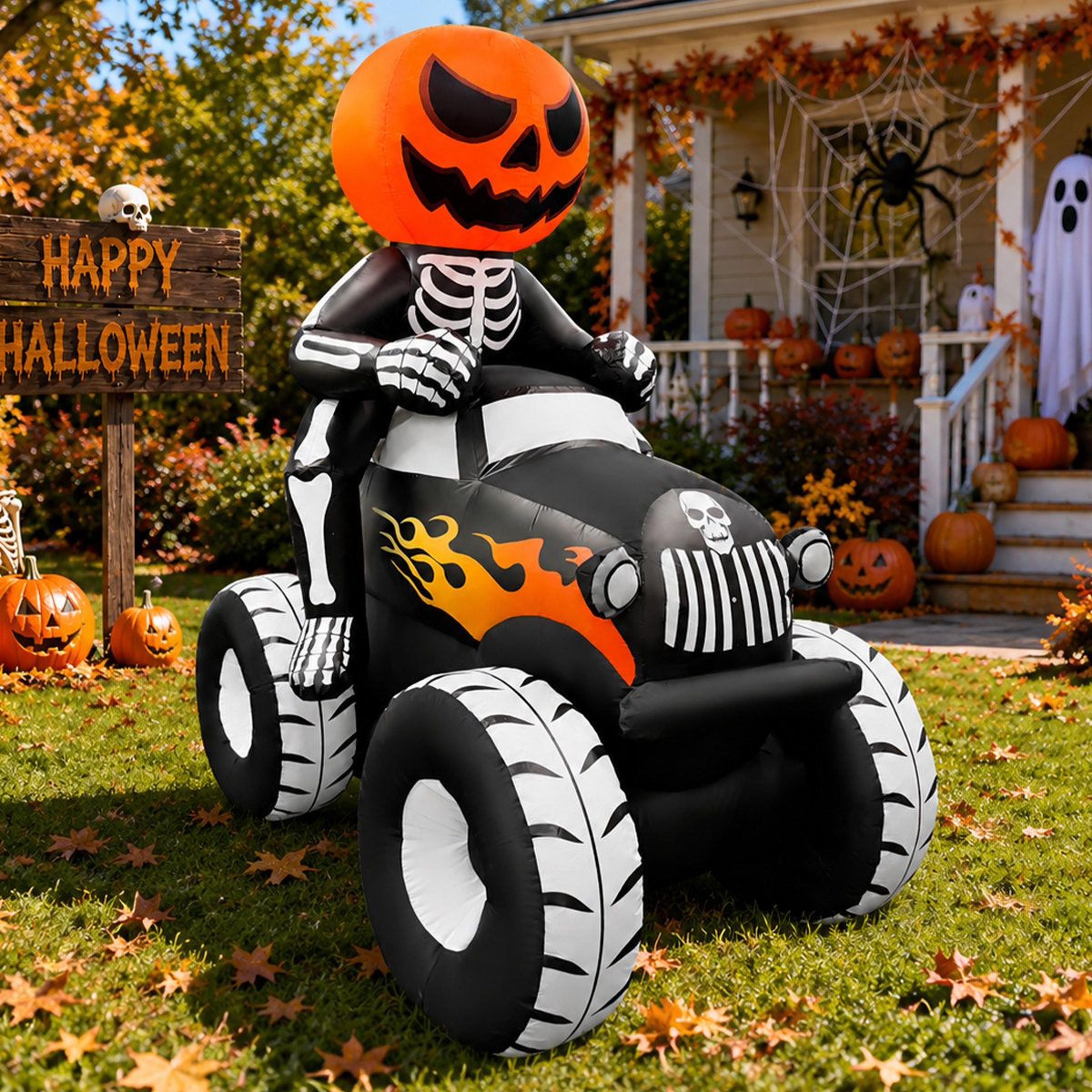 6.7 ft halloween inflatable pumpkin skeleton driving truck with led lights