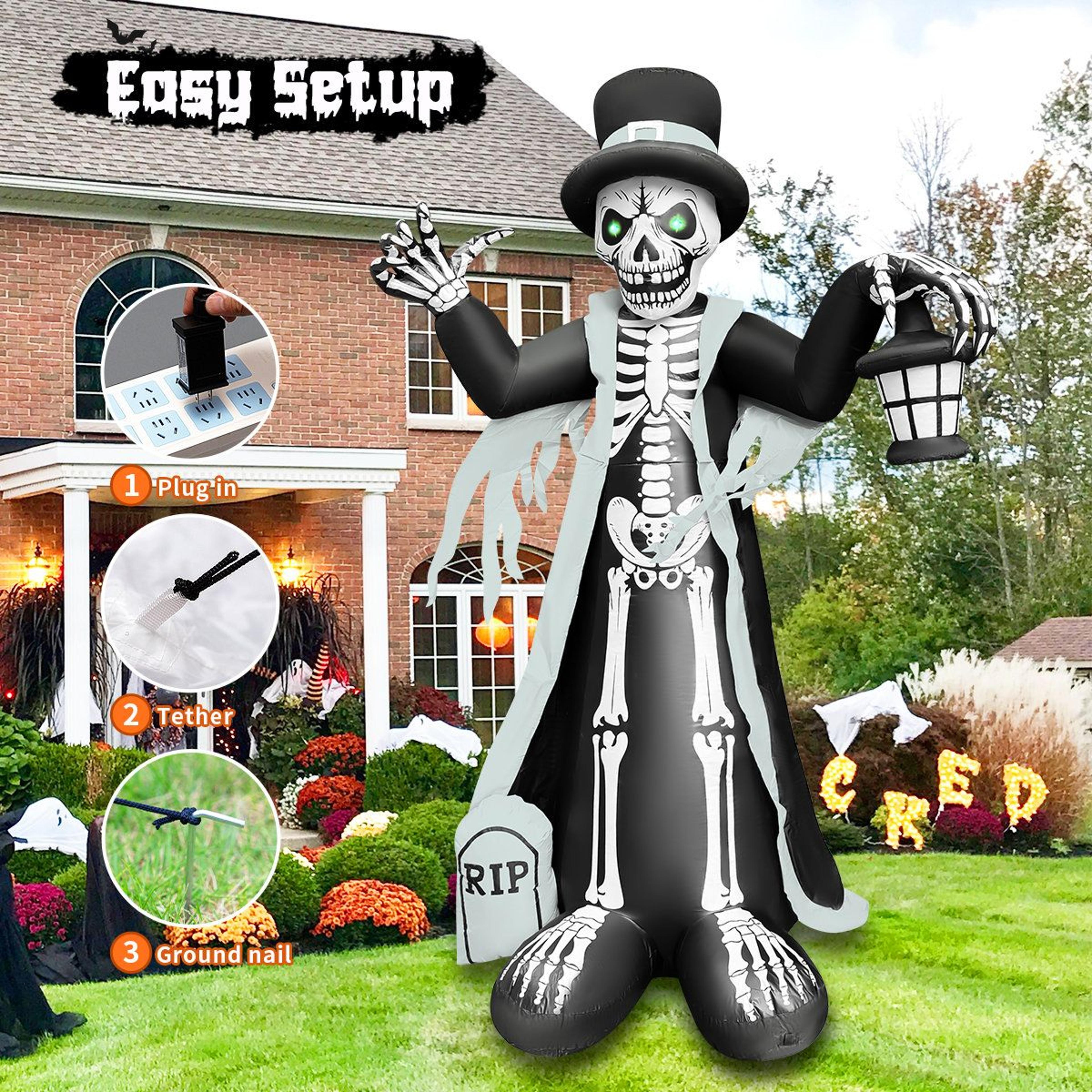 8 ft halloween inflatable skeleton gentleman with led lantern and light-up eyes