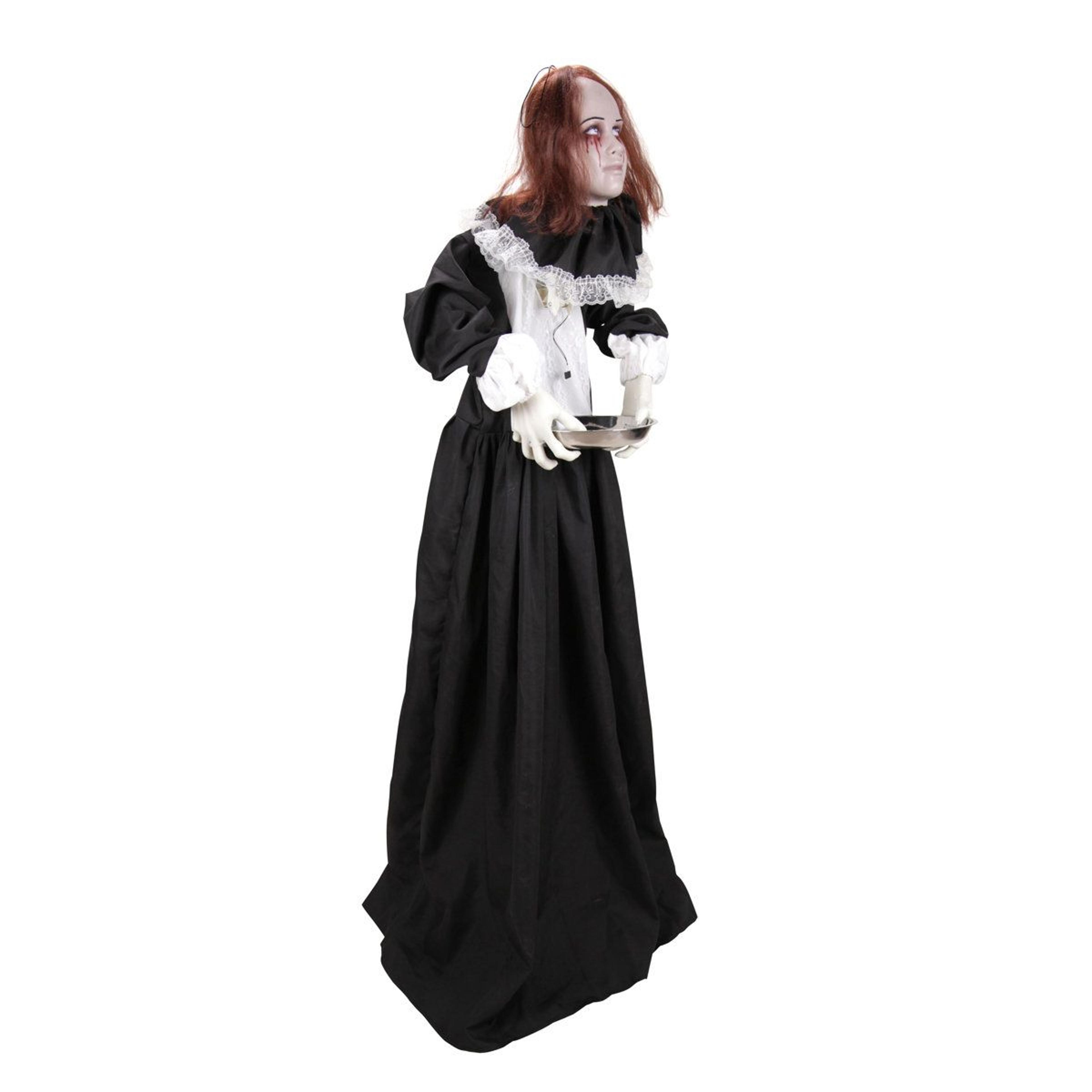 5.3 ft animated creepy lady halloween animatronic with dropping head and led eyes