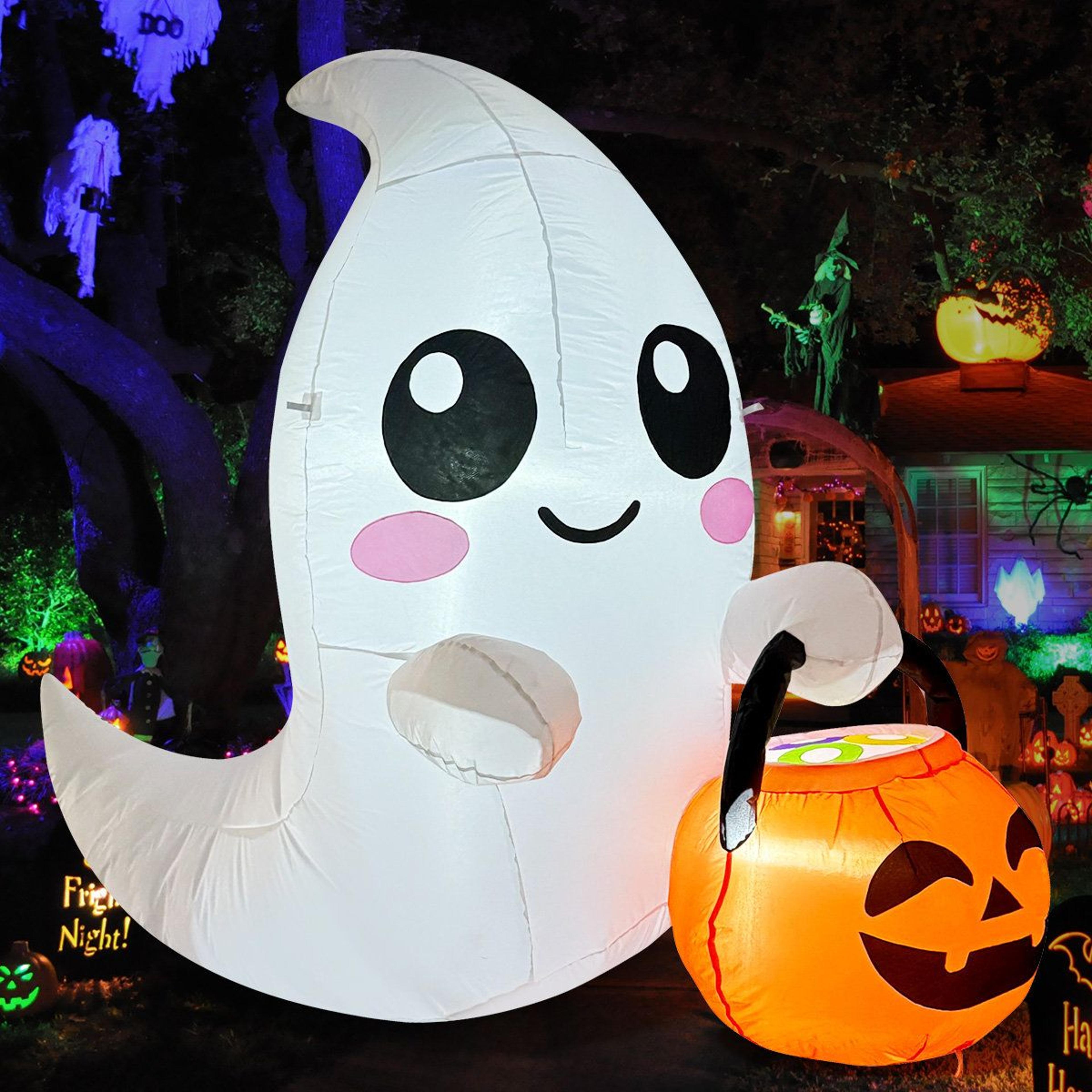 5 ft halloween inflatable ghost holding pumpkin with led lights for outdoor yard decor