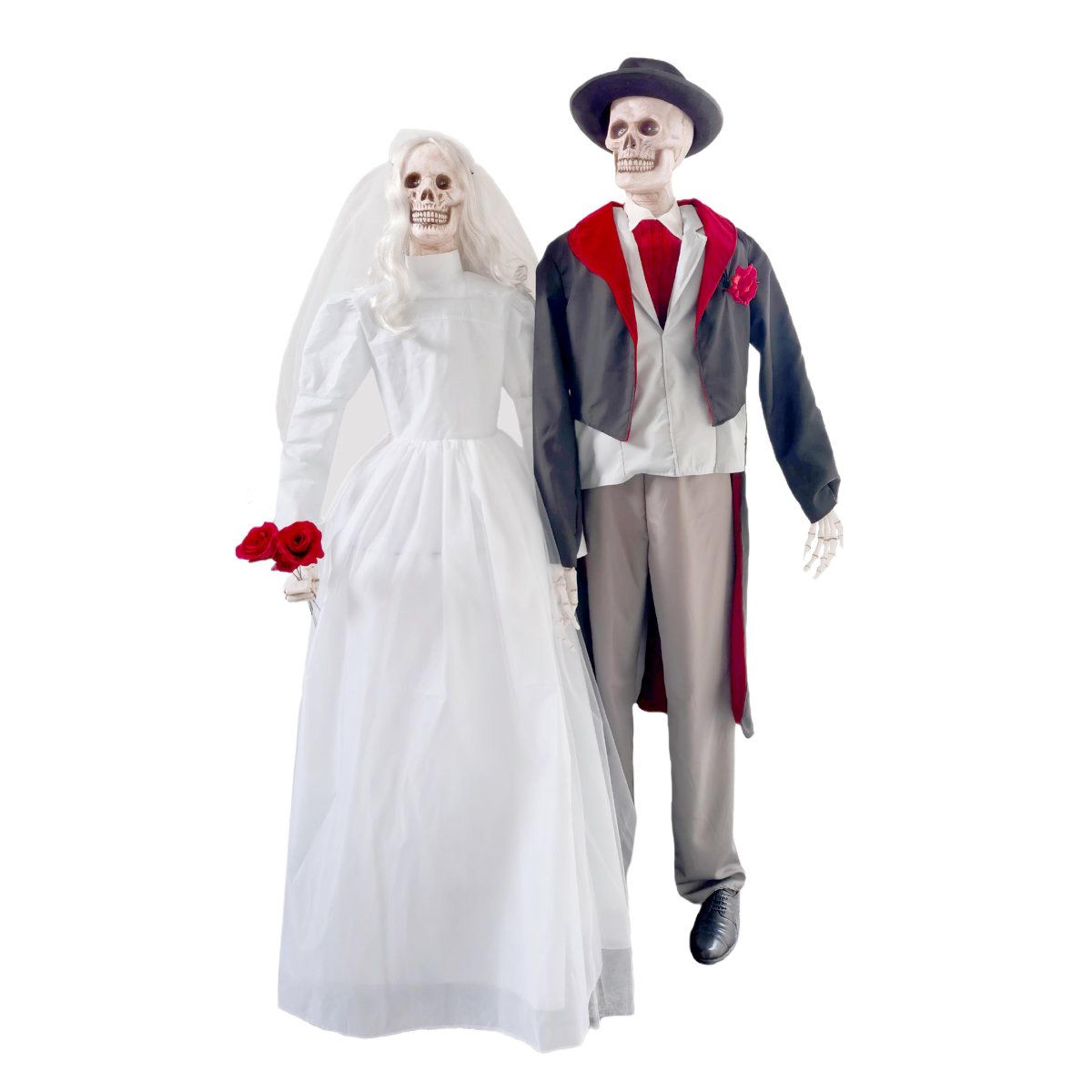 6-foot animated undead bride and groom halloween animatronic with red led eyes