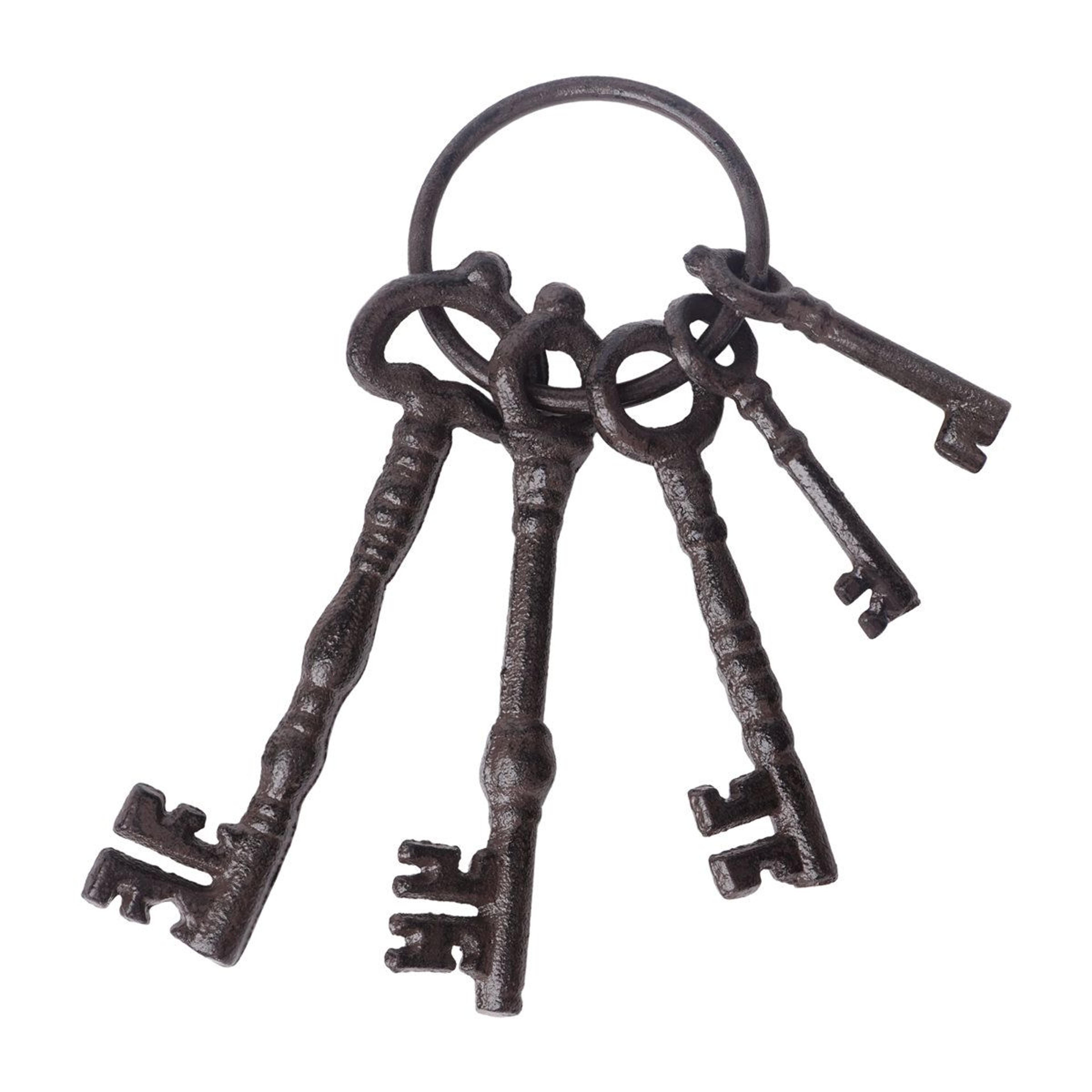 vintage cast iron skeleton keys on ring for farmhouse decor and halloween props