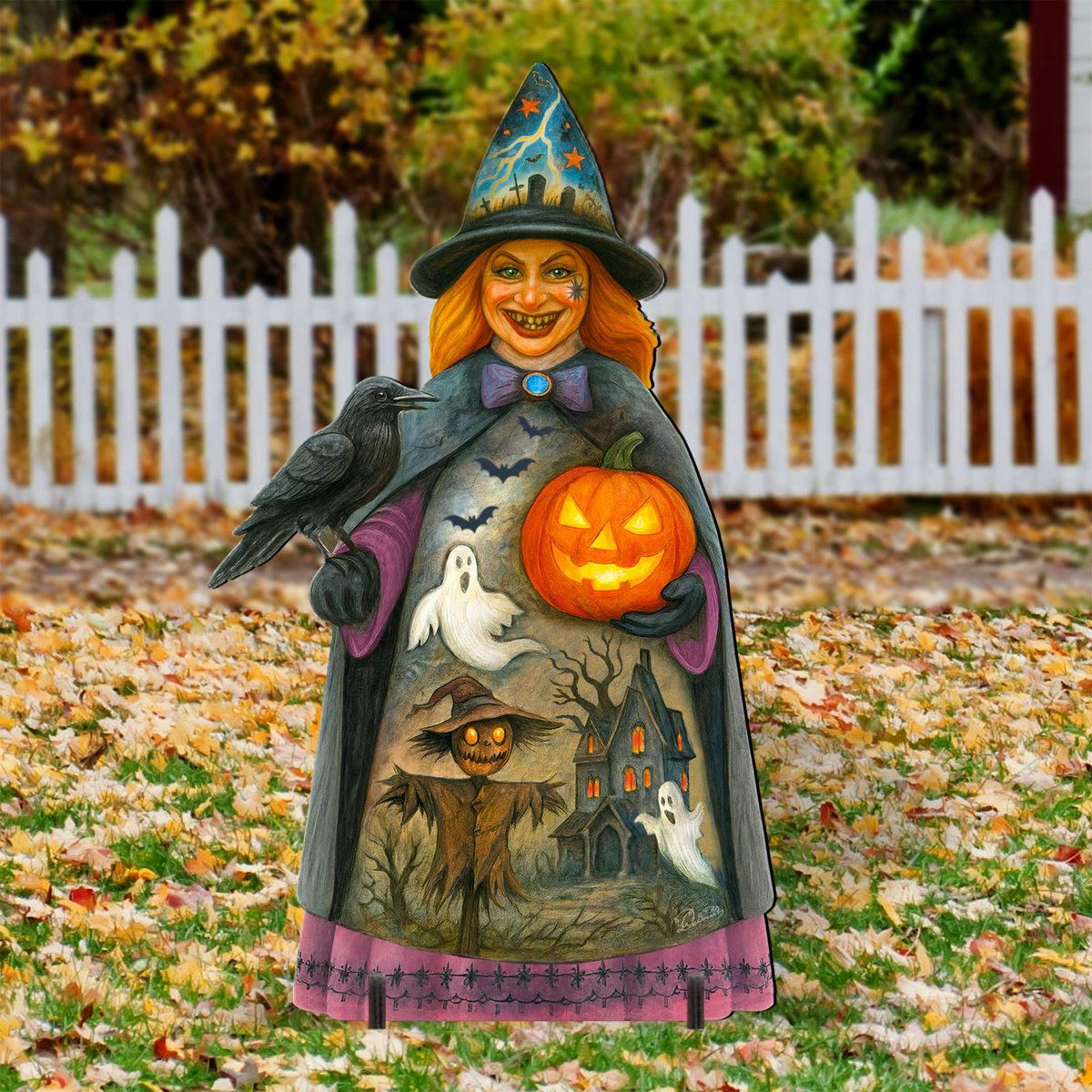 halloween witch wooden wall sculpture – uv-resistant black and orange decor