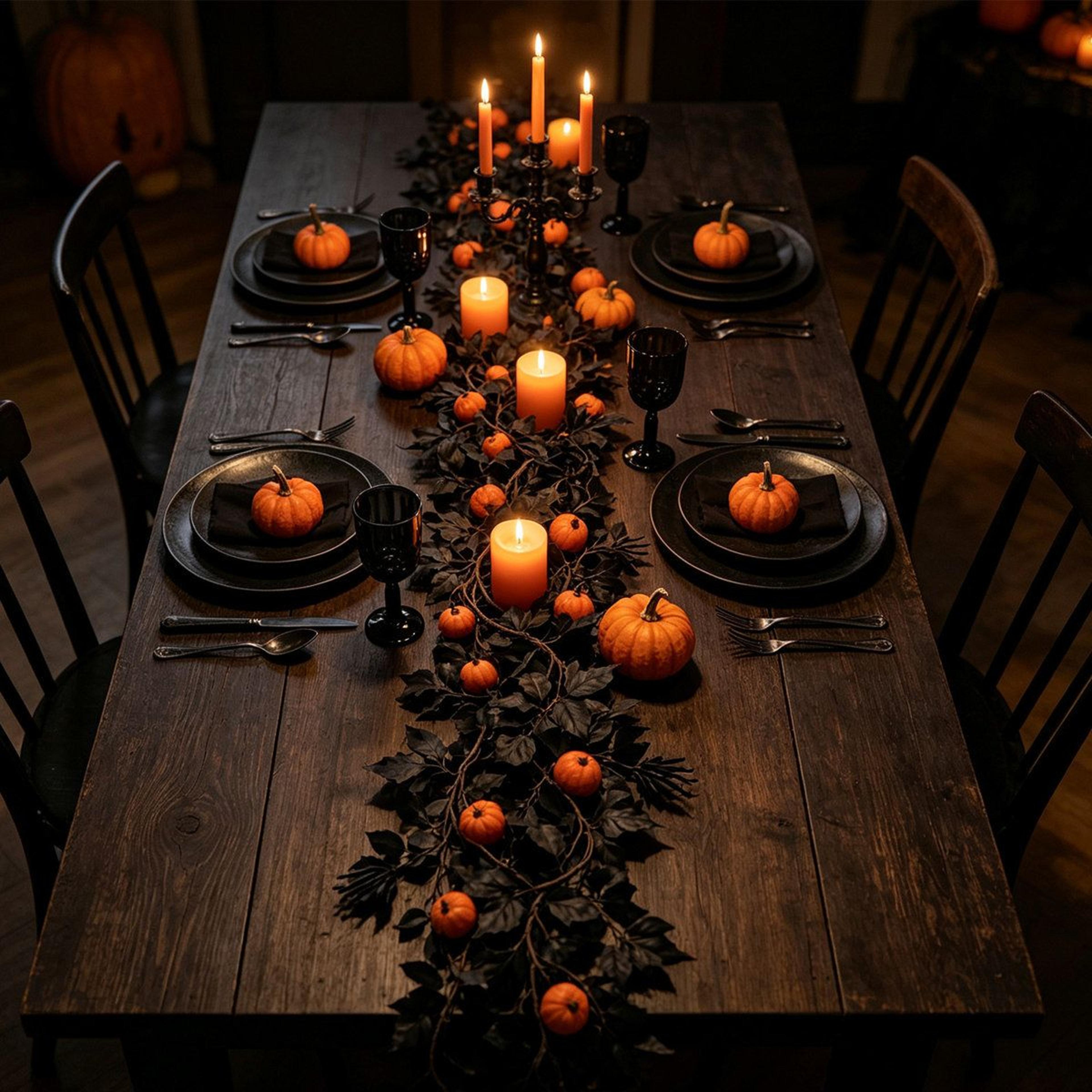 black artificial maple leaf garland with pumpkin and skeleton hand halloween decor