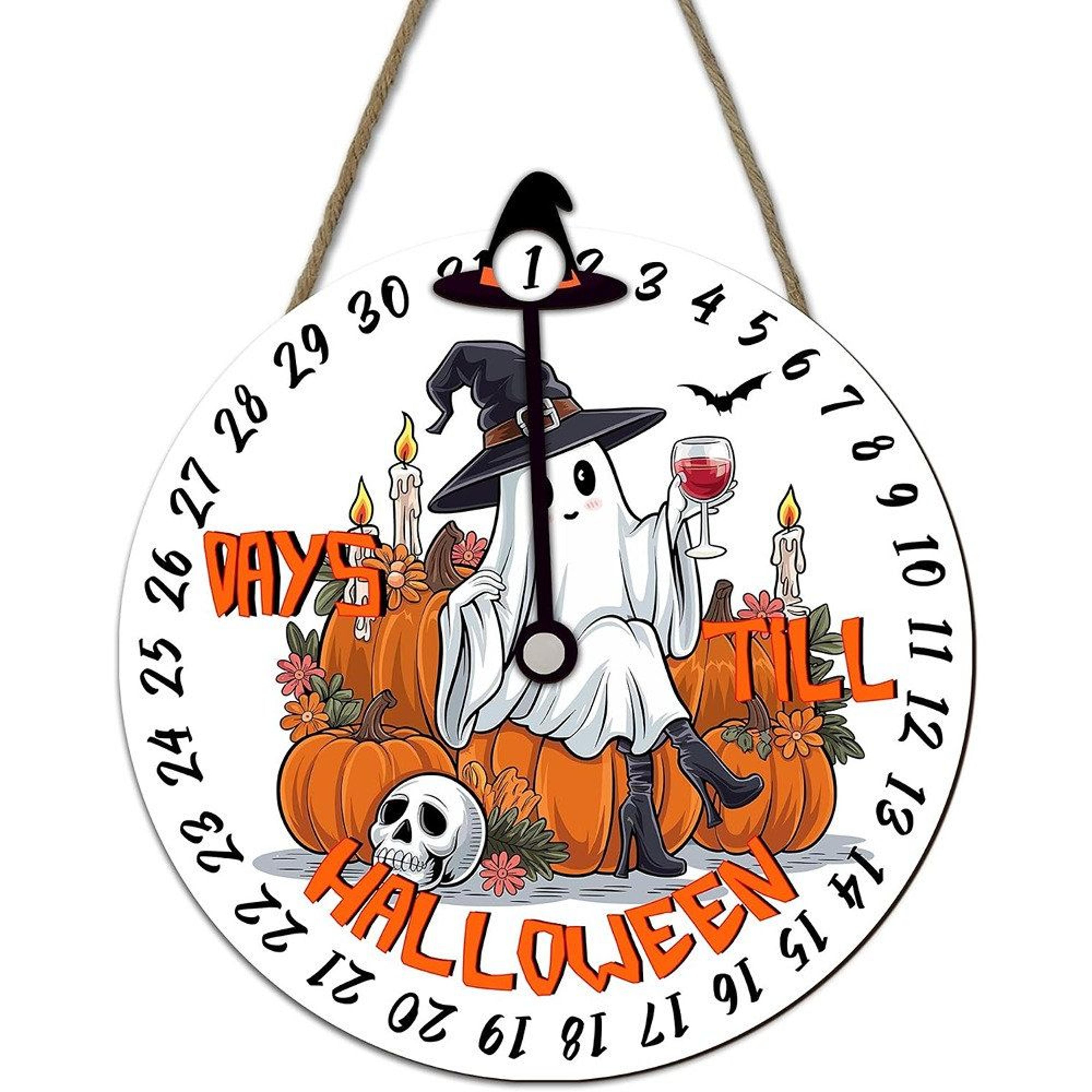 wooden halloween countdown sign with movable pointer and hanging rope