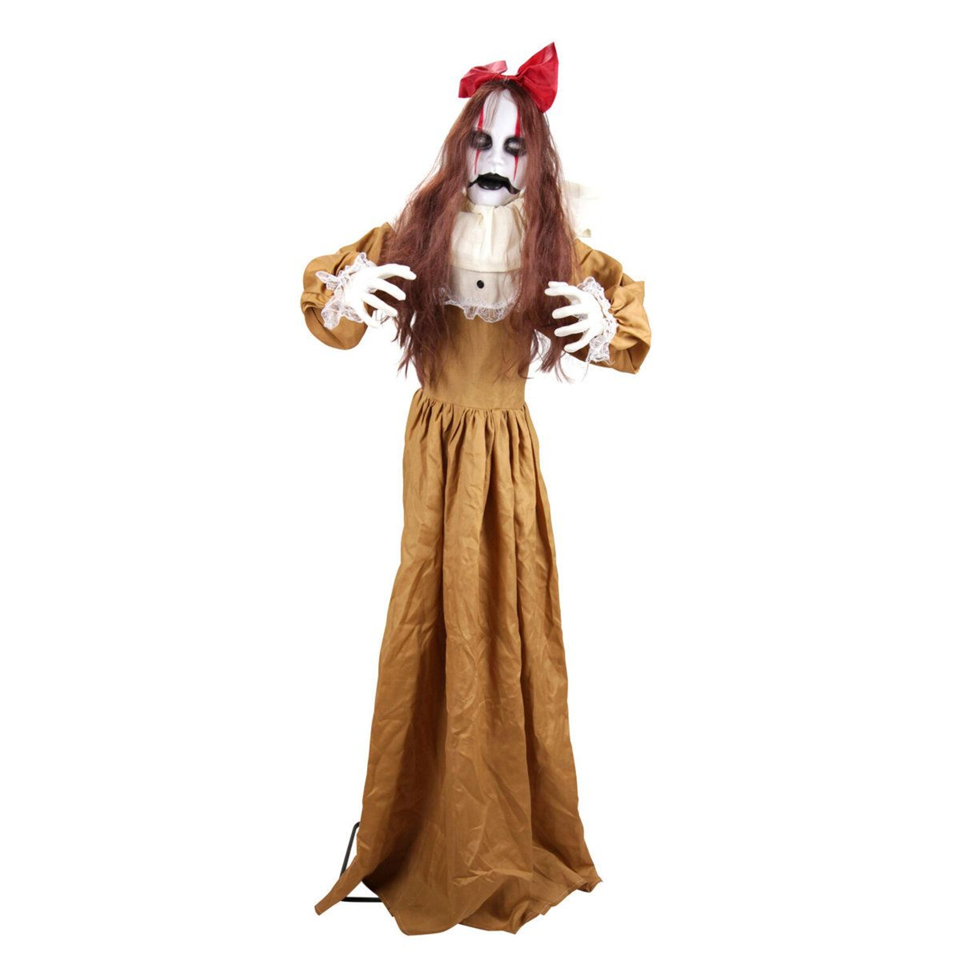 5 ft 5 in creepy lady halloween animatronic with pop-up motion and led eyes