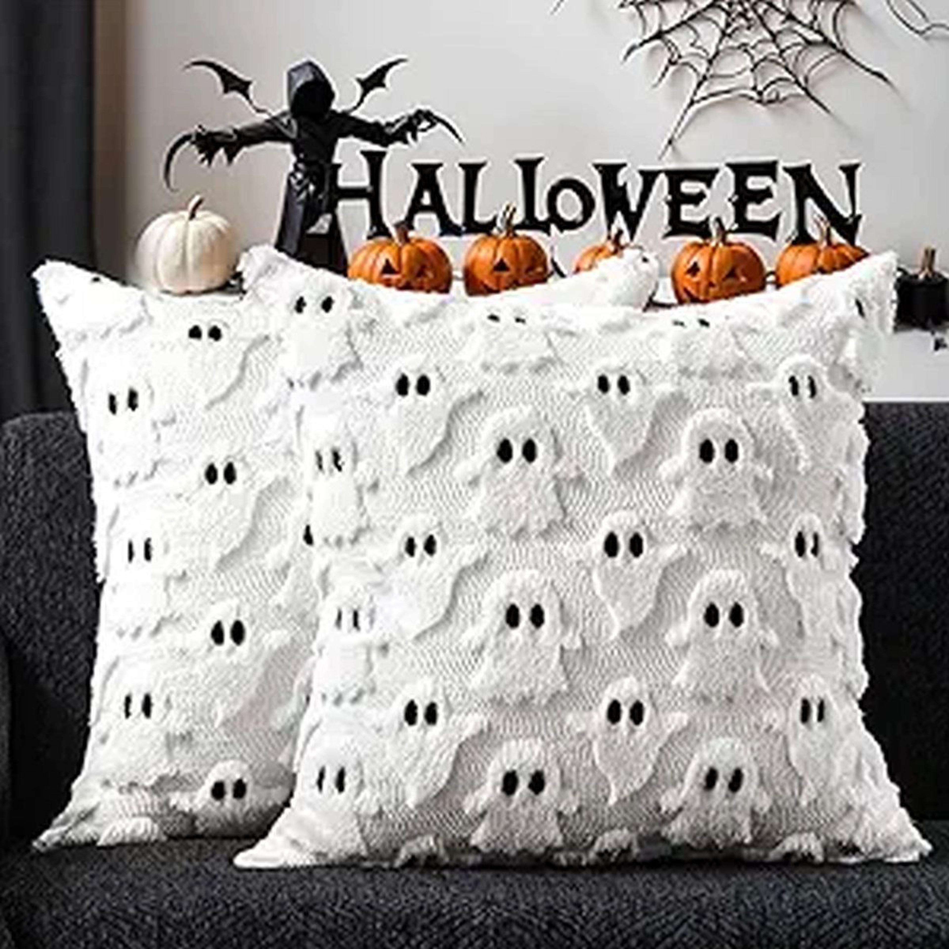halloween ghost throw pillow covers set of 2 – 18 x 18 inch plush faux fur cushion covers
