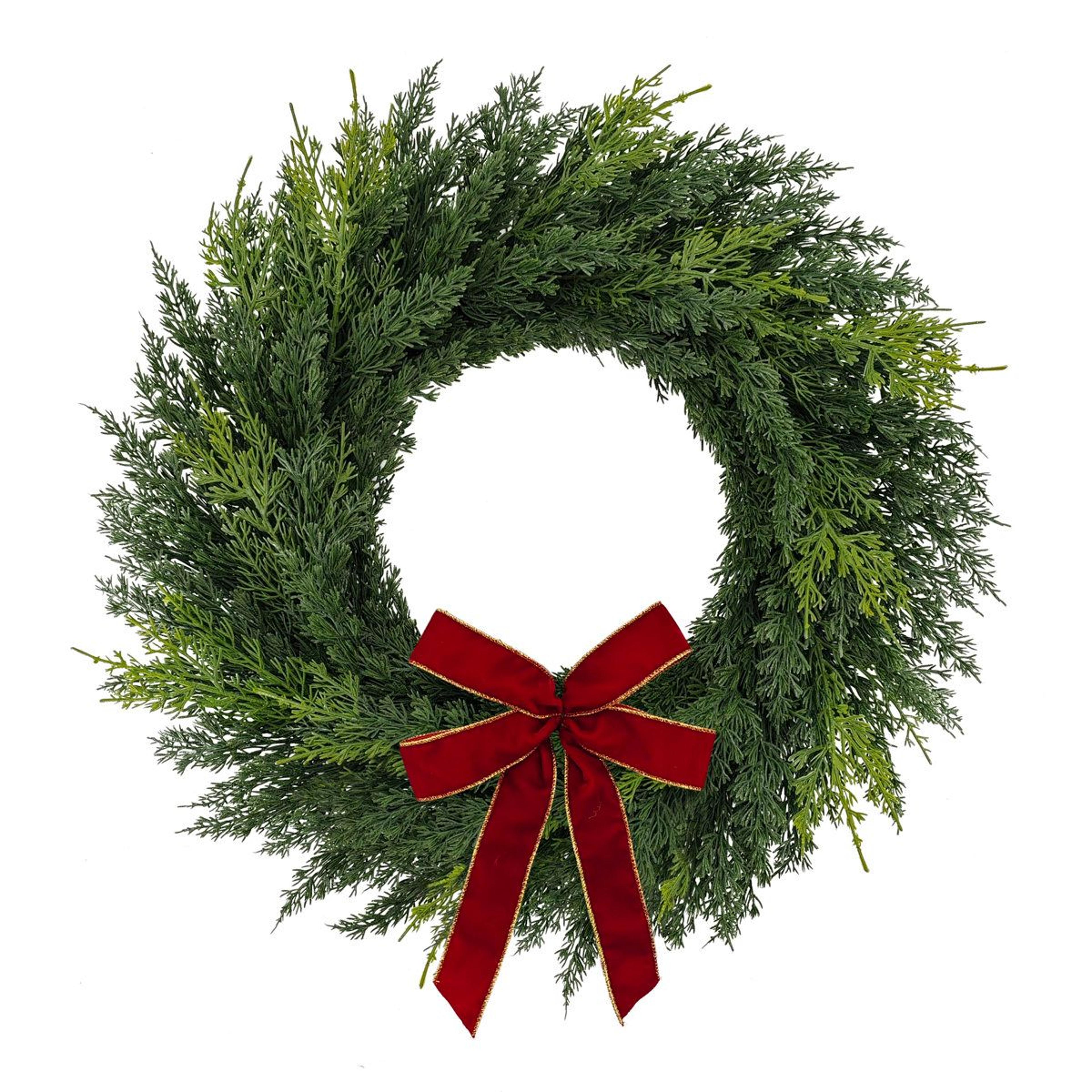 22-inch artificial cypress christmas wreath with bow – green holiday door decoration
