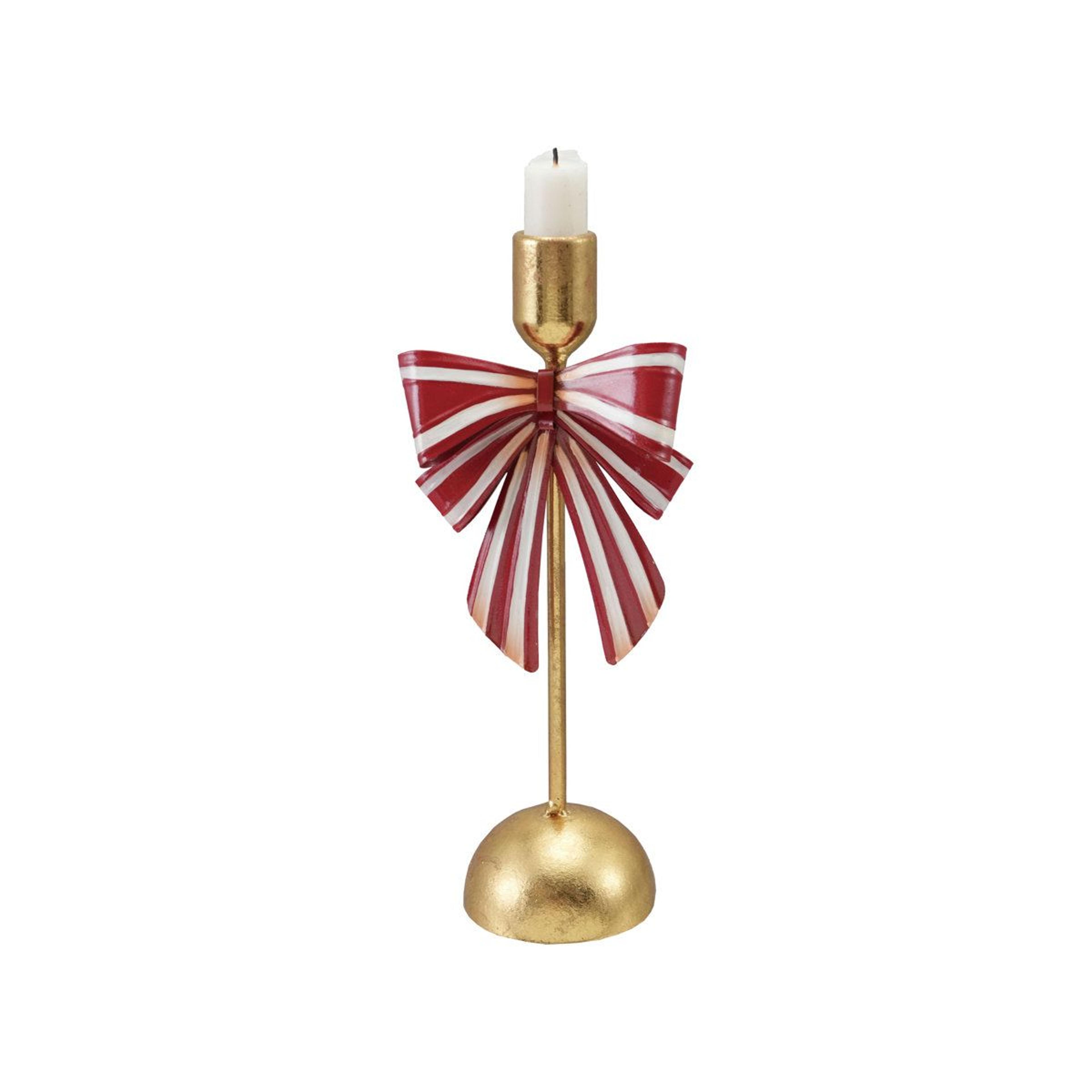 striped bow iron taper candle holder with gold finish and red white bow