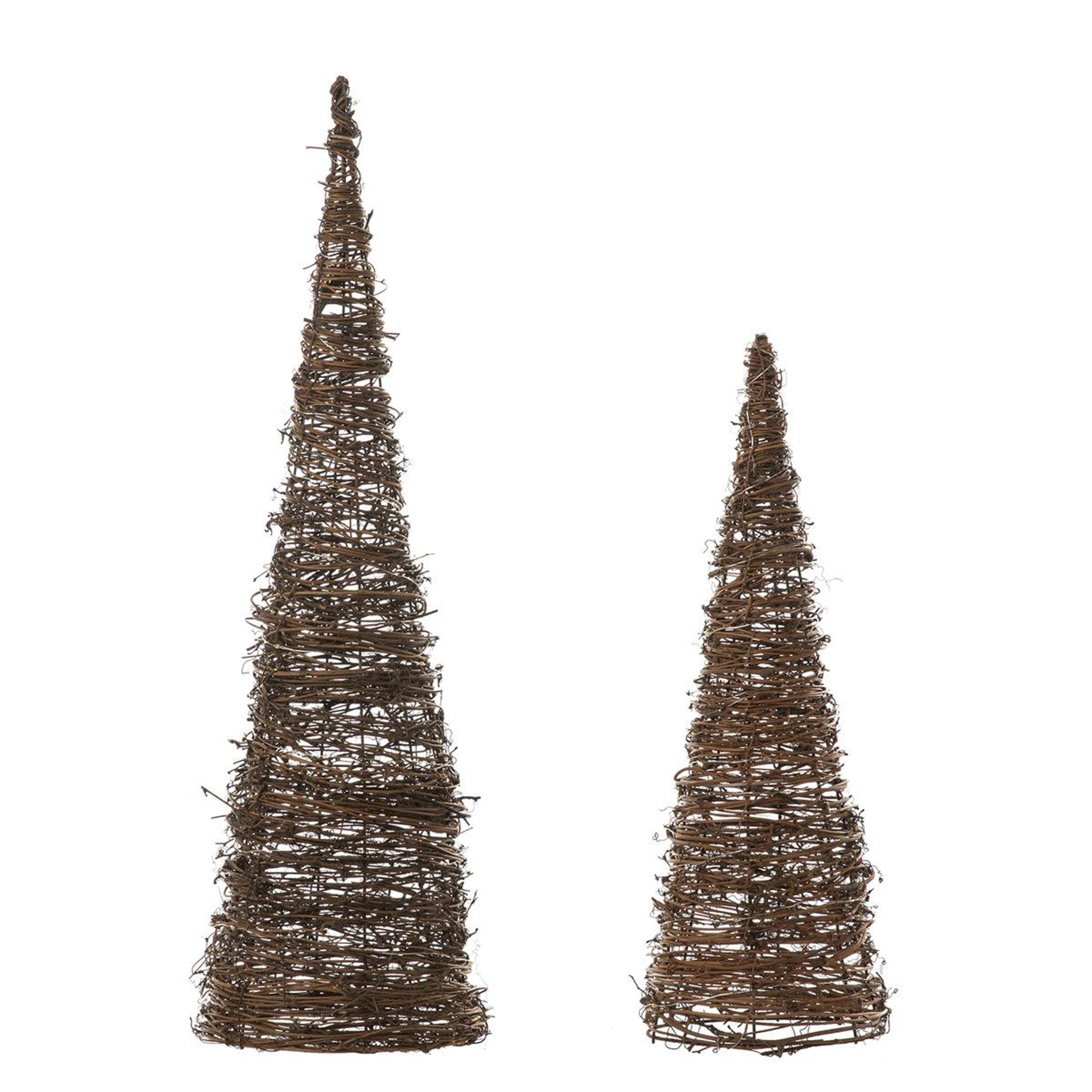 set of 2 lighted rattan christmas tabletop trees with battery-operated timer