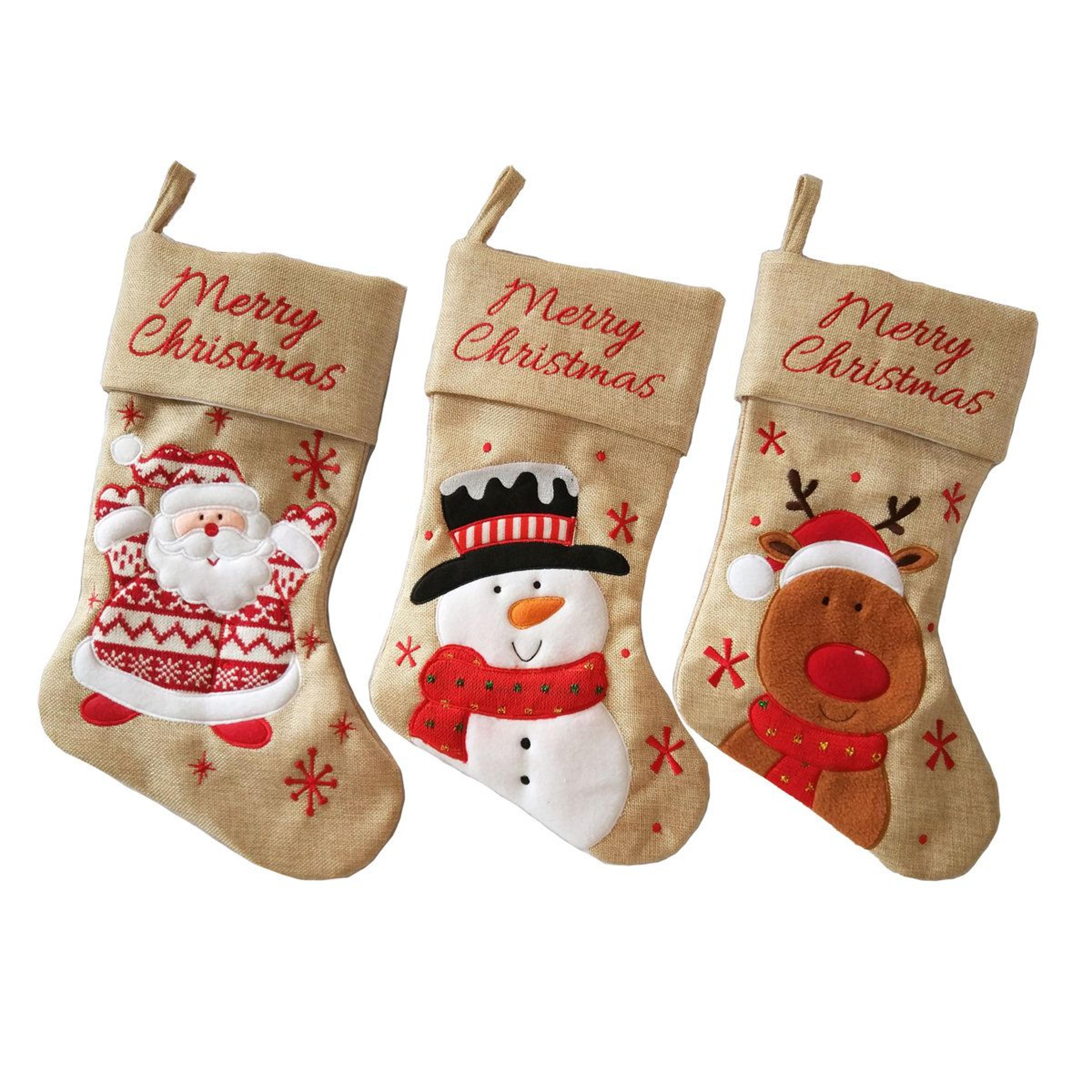 christmas stocking set of 3 – embroidered santa snowman and reindeer fireplace decorations