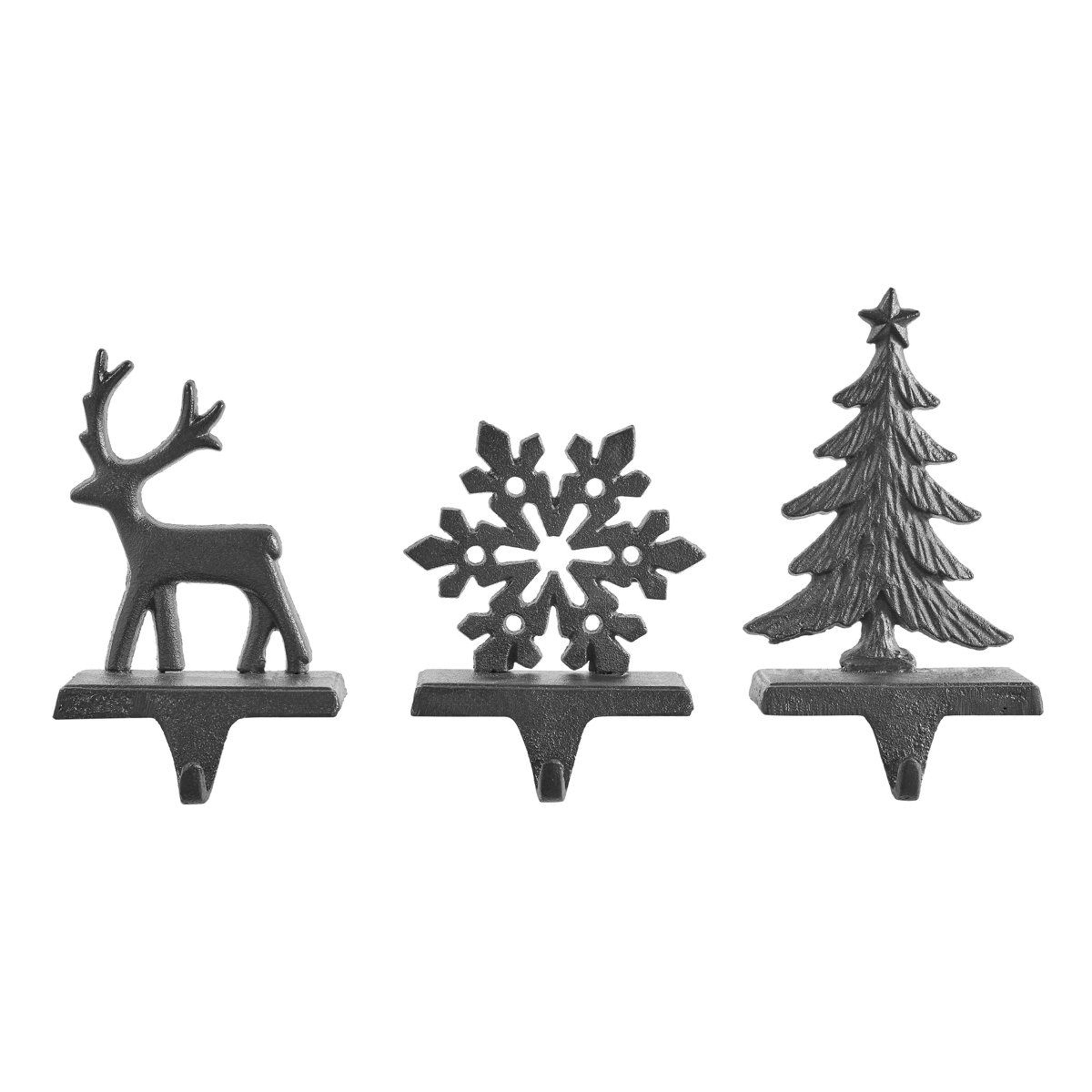 christmas stocking holders set of 3 – metal reindeer snowflake and tree mantel hooks