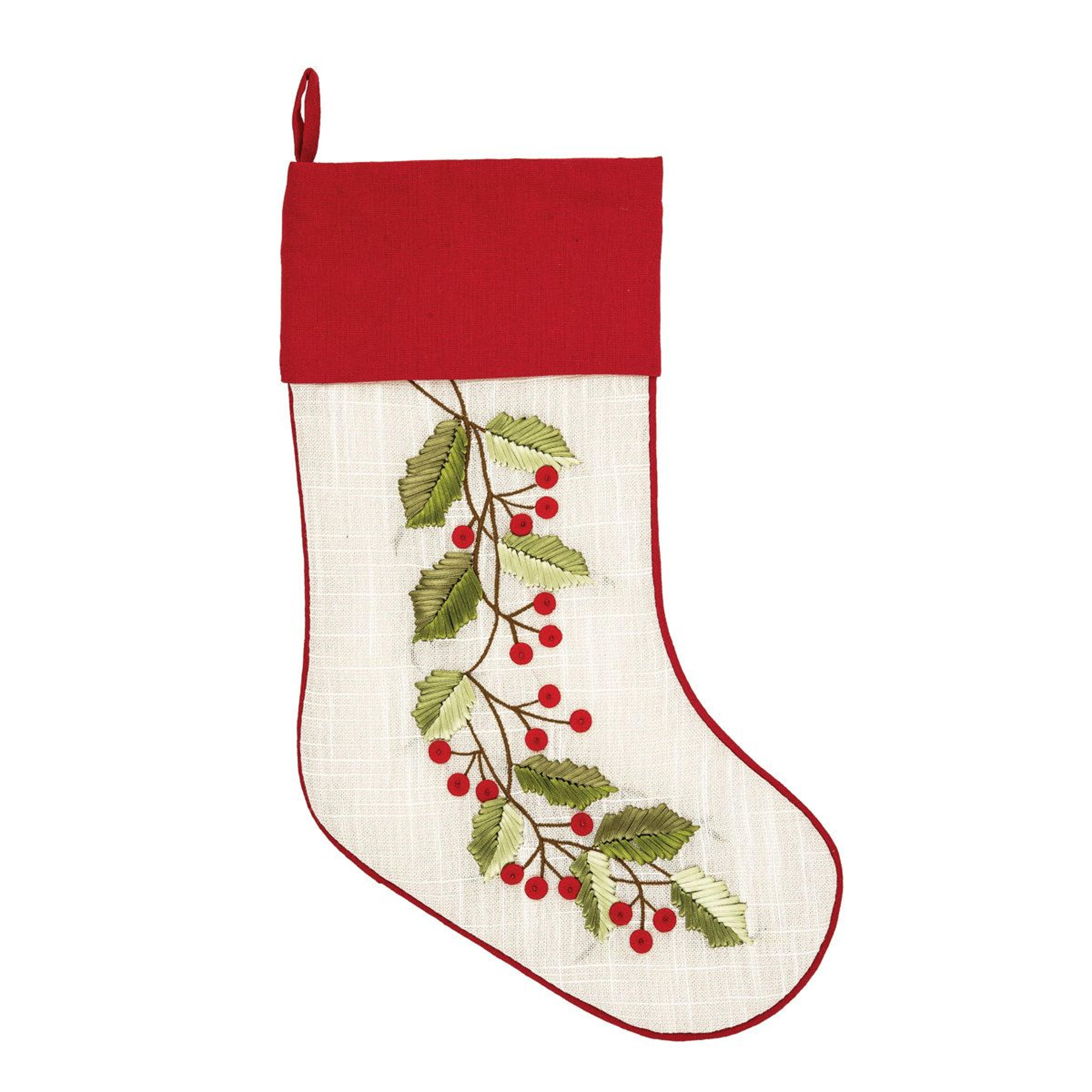 embroidered christmas stocking with holly wreath design beige and red holiday decor
