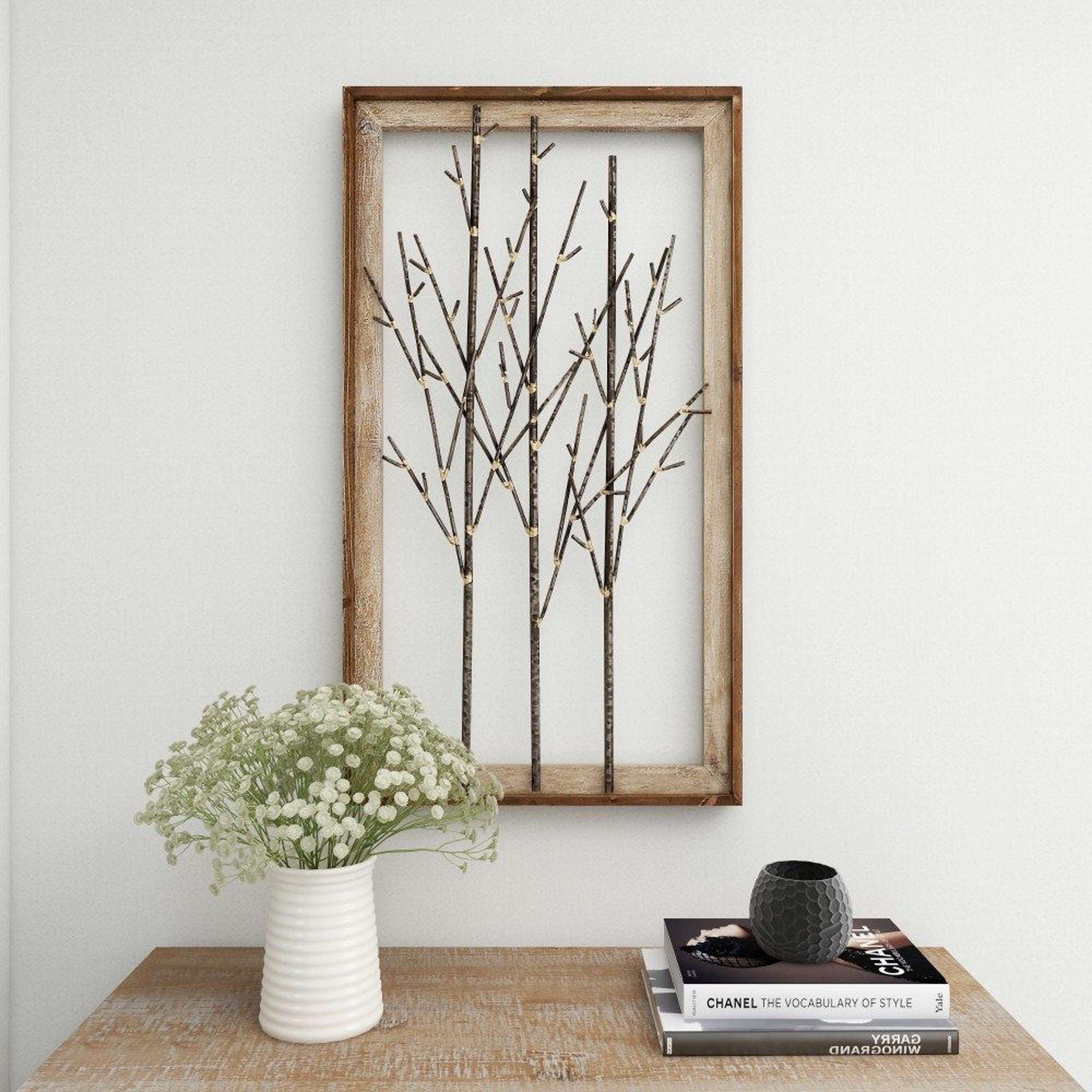 rustic brown wood frame metal tree wall decor – rectangular nature wall art