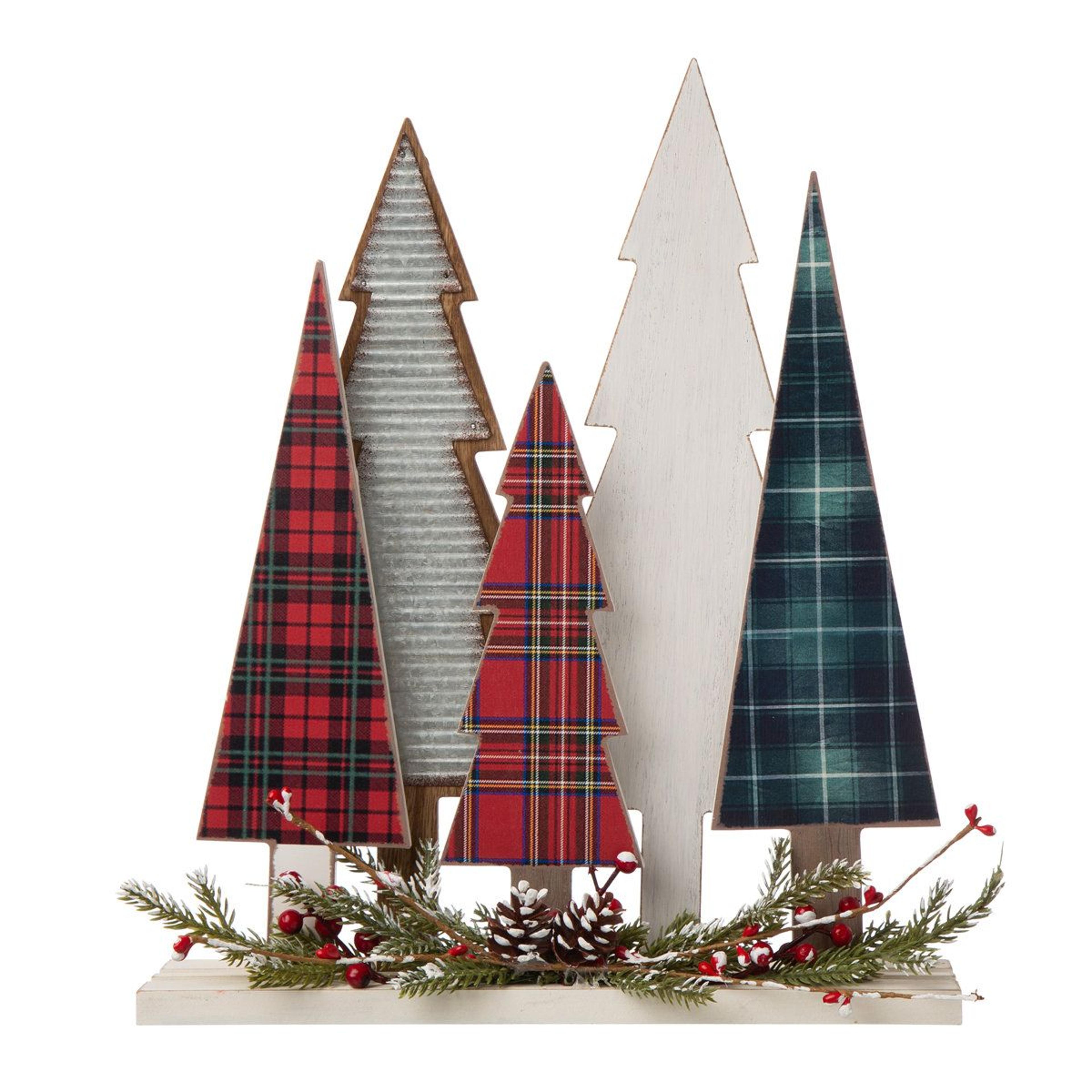 rustic wooden christmas tree table decor with pinecones and berries