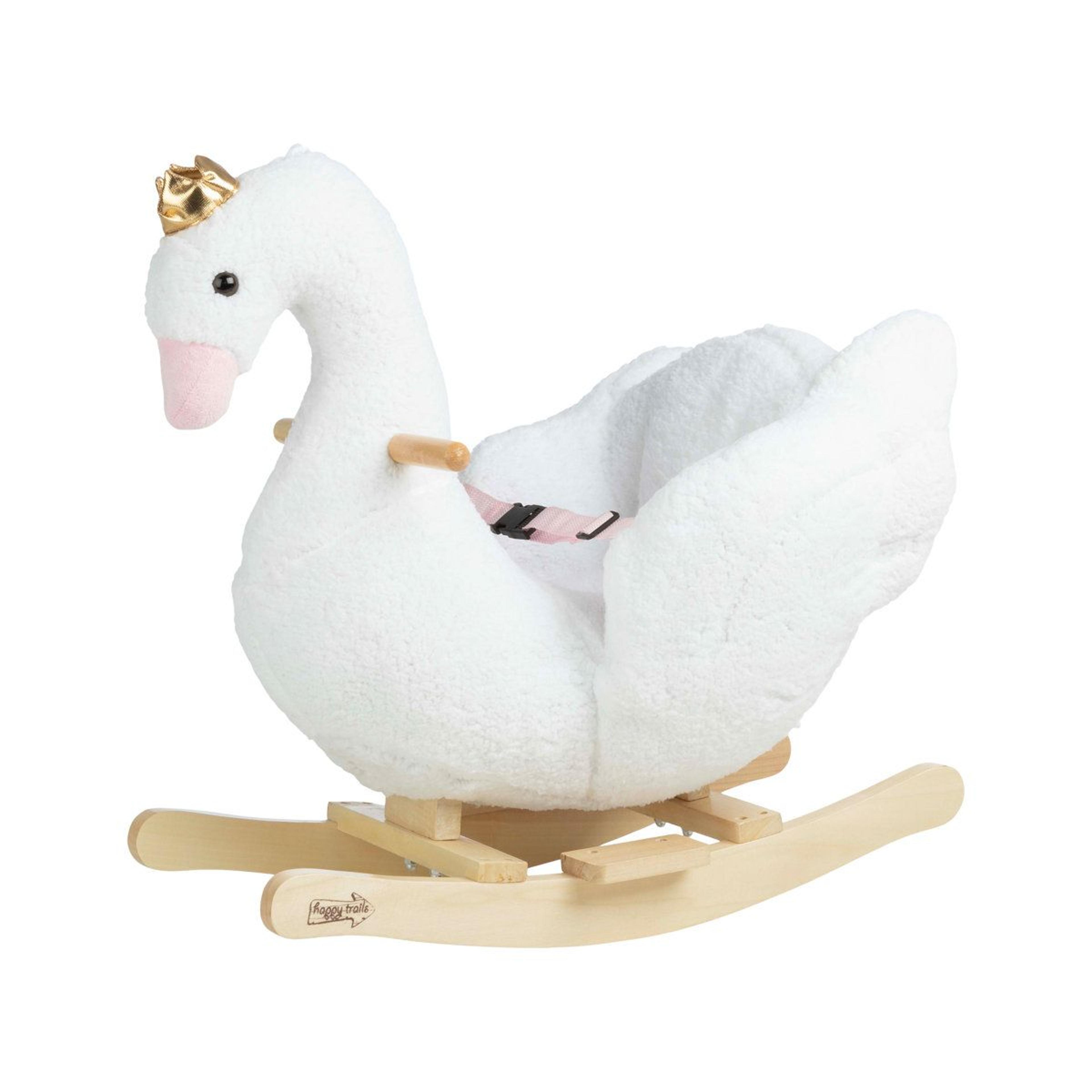 swan rocking horse plush ride-on toy with wooden base and adjustable seat belt